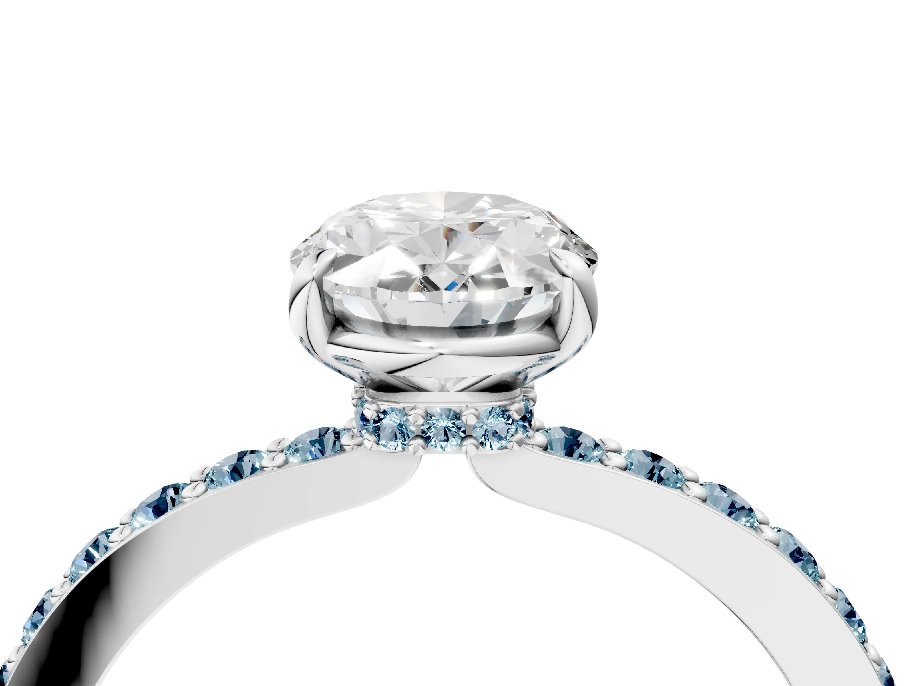 White gold Oval Cut Diamond Pavé Engagement Ring with Round with Aquamarine side stone Accents and Prong Setting_4