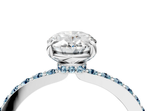White gold Oval Cut Diamond Pavé Engagement Ring with Round with Aquamarine side stone Accents and Prong Setting_4