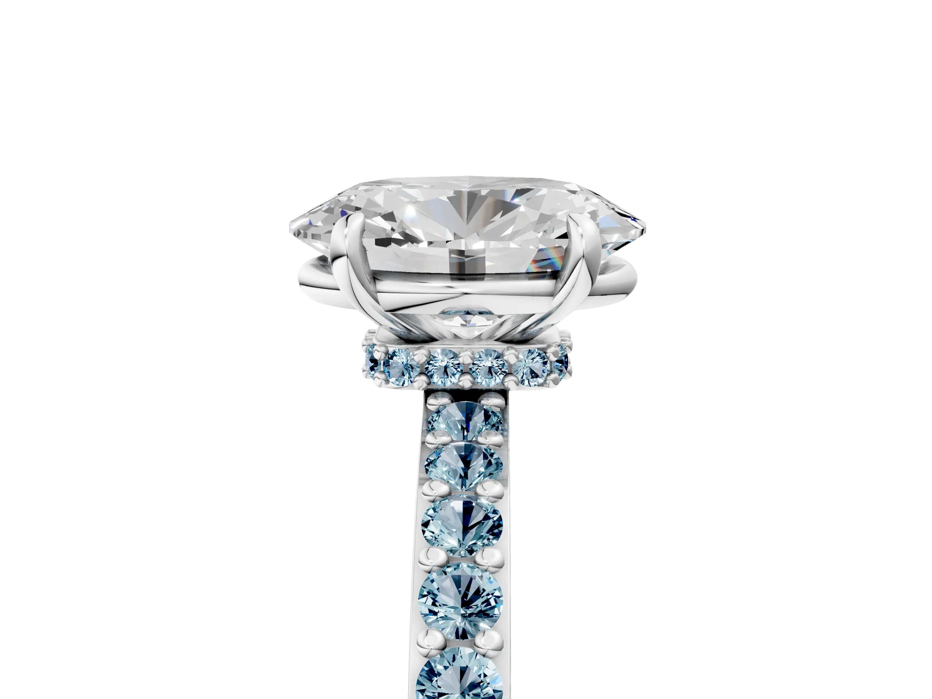 White gold Oval Cut Diamond Pavé Engagement Ring with Round with Aquamarine side stone Accents and Prong Setting_5