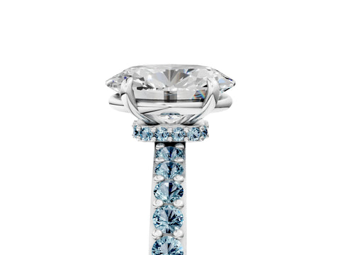 White gold Oval Cut Diamond Pavé Engagement Ring with Round with Aquamarine side stone Accents and Prong Setting_5