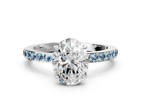 White gold Oval Cut Diamond Pavé Engagement Ring with Round with Aquamarine side stone Accents and Prong Setting