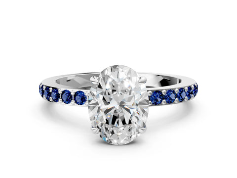 White gold Oval Cut Diamond Pavé Engagement Ring with Round with Blue Sapphire side stone Accents and Prong Setting_24