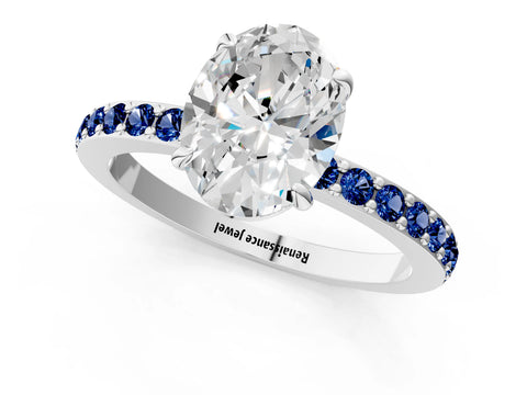 White gold Oval Cut Diamond Pavé Engagement Ring with Round with Blue Sapphire side stone Accents and Prong Setting_25