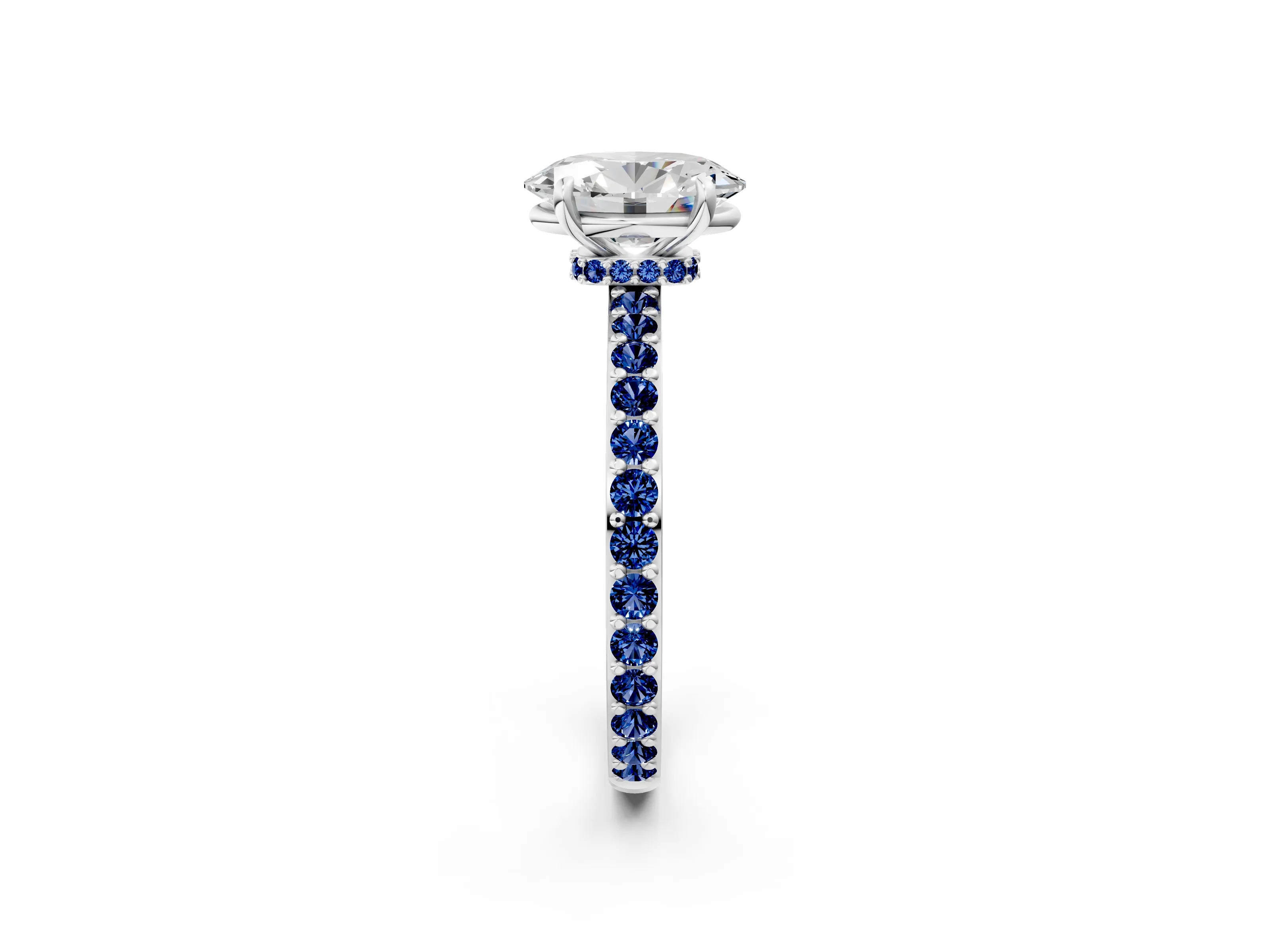White gold Oval Cut Diamond Pavé Engagement Ring with Round with Blue Sapphire side stone Accents and Prong Setting_26