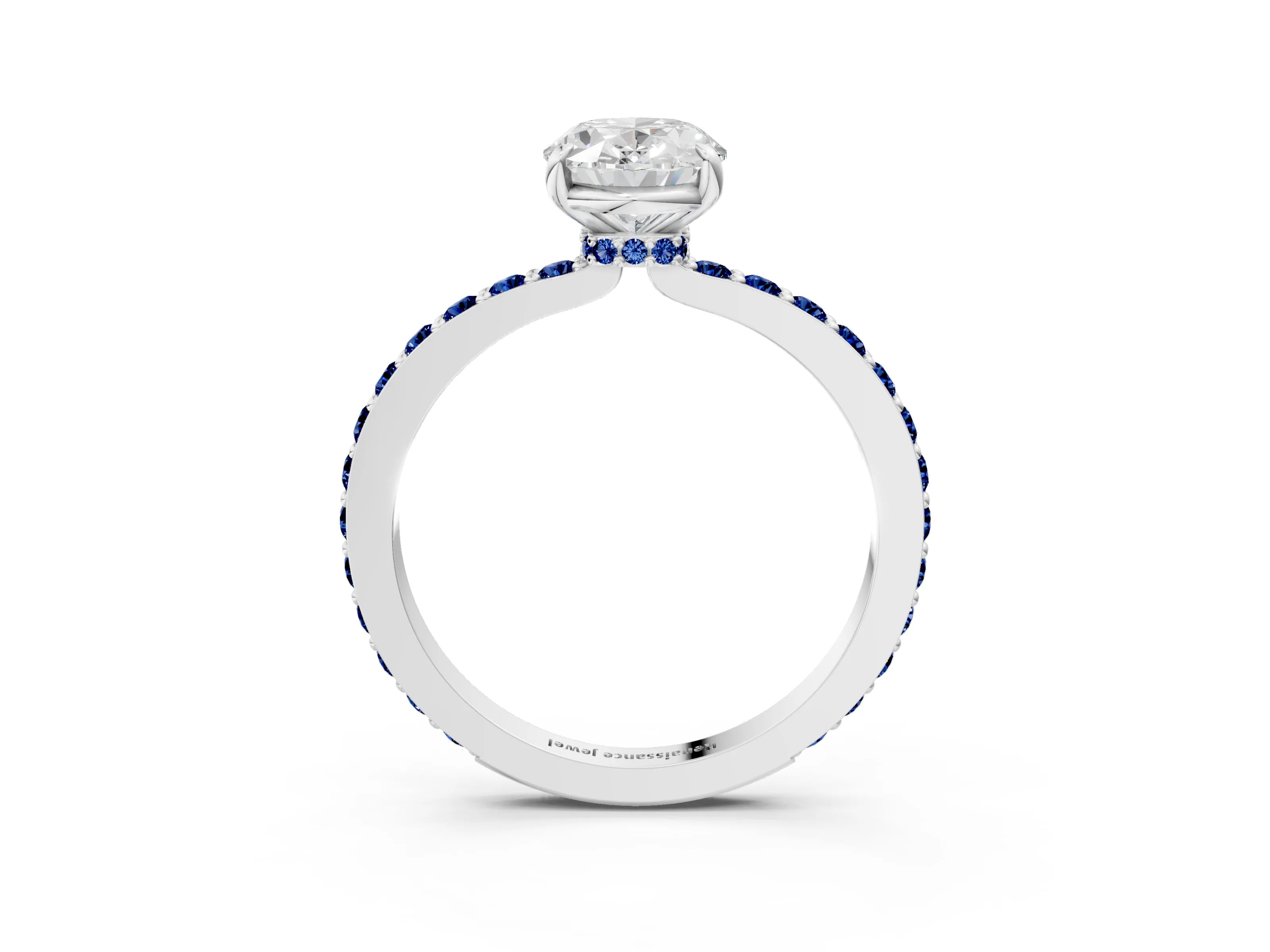 White gold Oval Cut Diamond Pavé Engagement Ring with Round with Blue Sapphire side stone Accents and Prong Setting_27