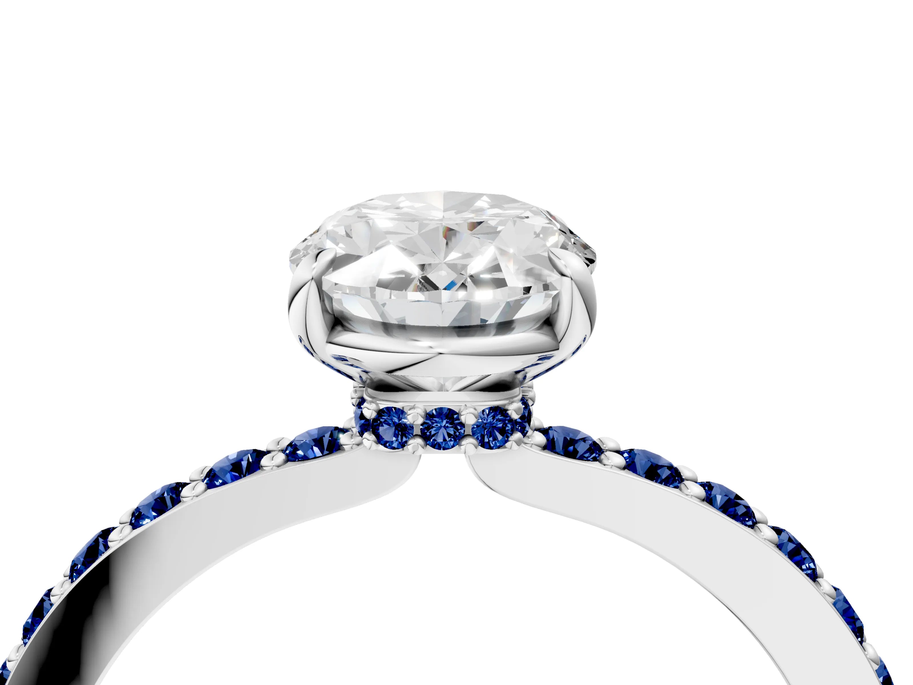 White gold Oval Cut Diamond Pavé Engagement Ring with Round with Blue Sapphire side stone Accents and Prong Setting_28