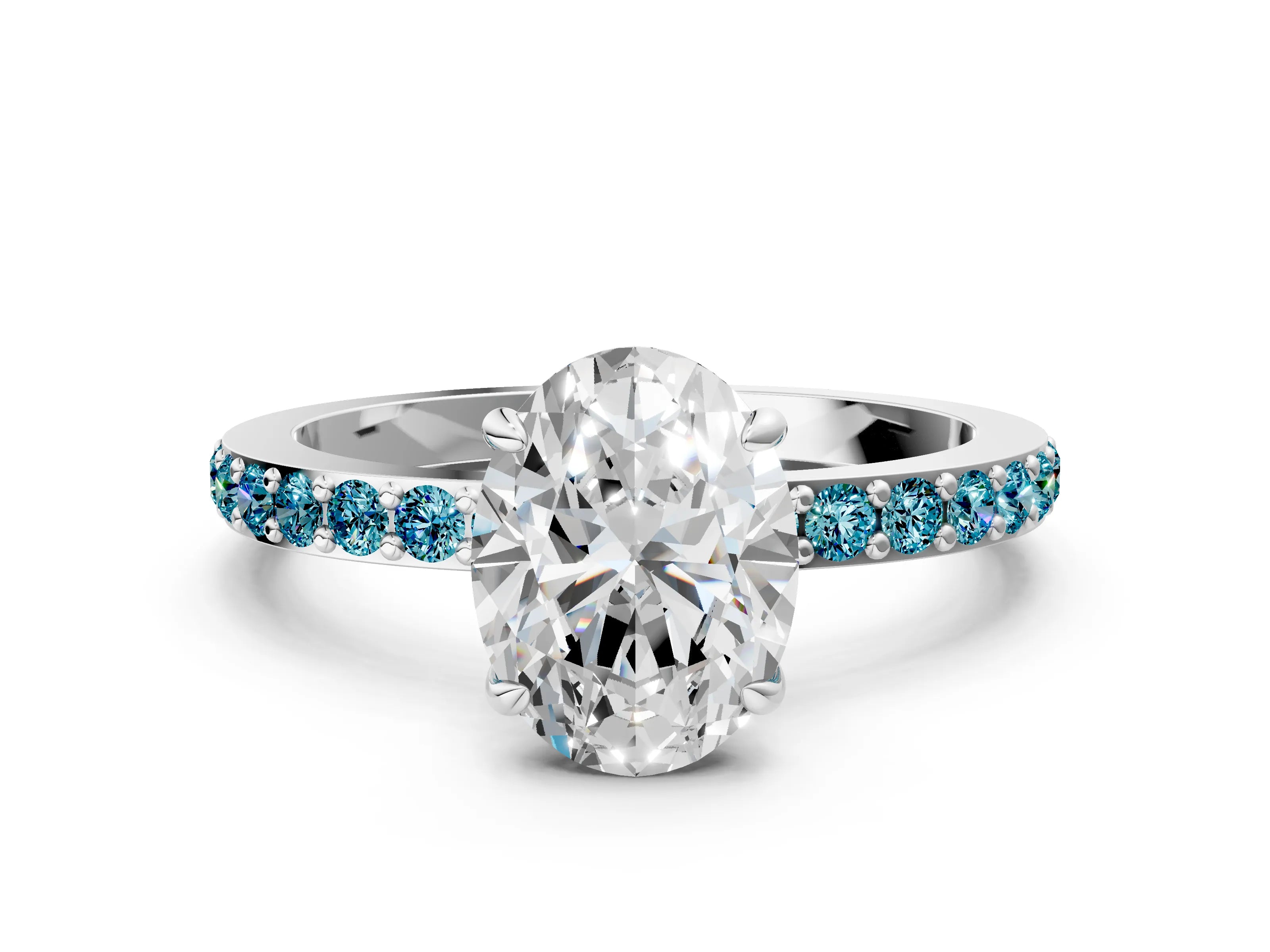 White gold Oval Cut Diamond Pavé Engagement Ring with Round with Blue Topaz side stone Accents and Prong Setting_12