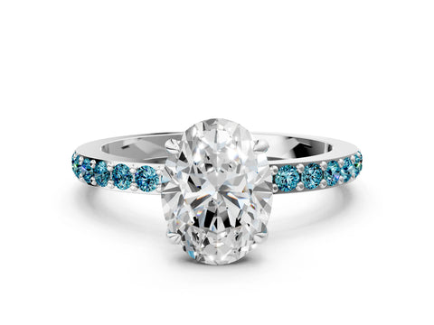 White gold Oval Cut Diamond Pavé Engagement Ring with Round with Blue Topaz side stone Accents and Prong Setting_12