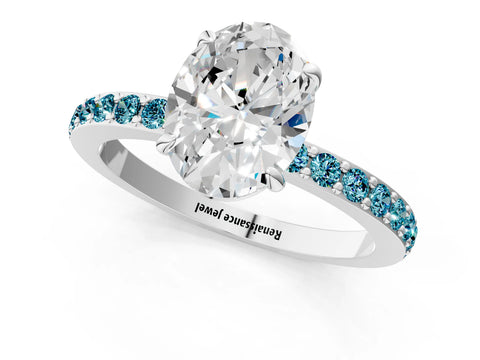 White gold Oval Cut Diamond Pavé Engagement Ring with Round with Blue Topaz side stone Accents and Prong Setting_13