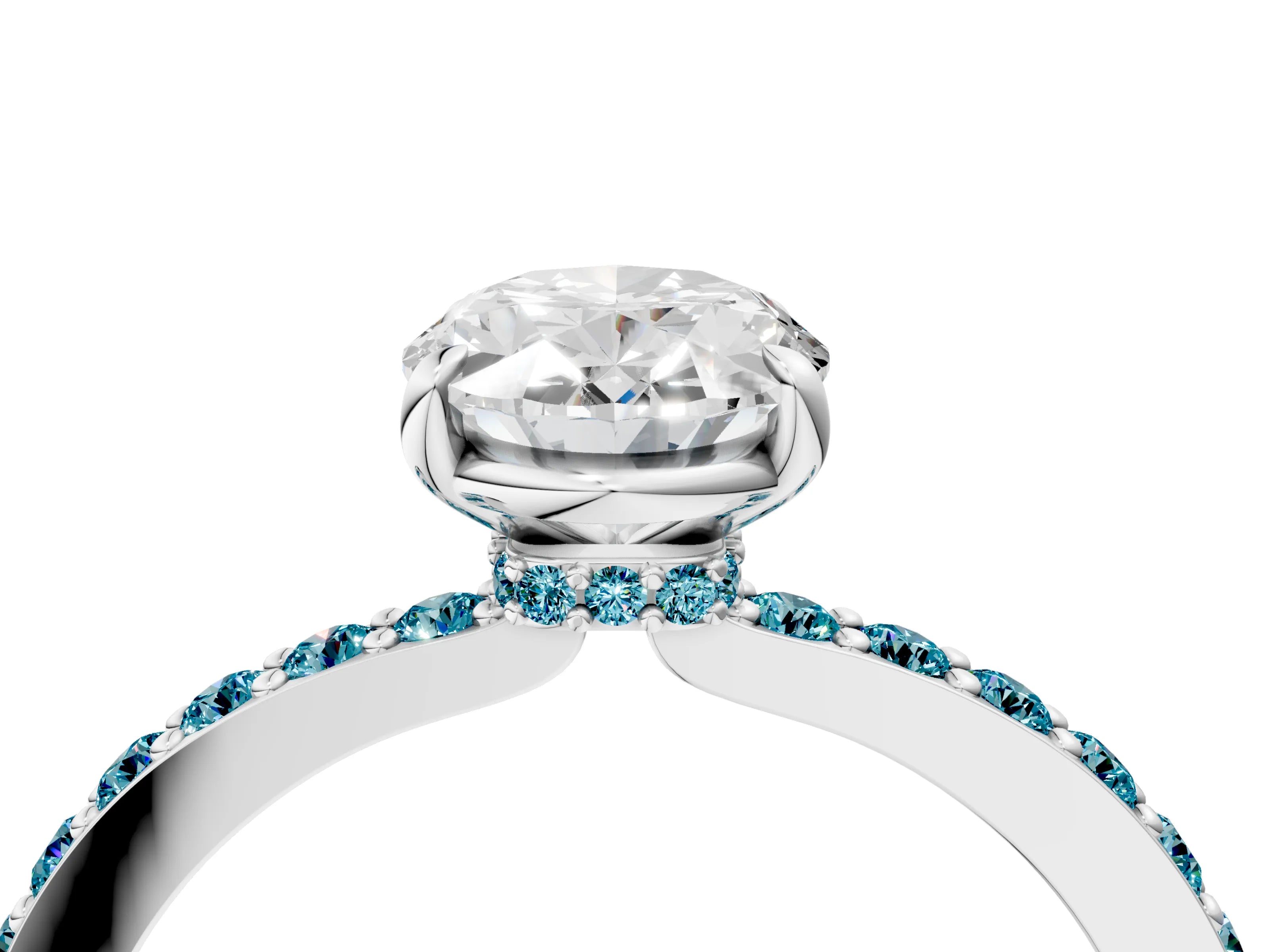 White gold Oval Cut Diamond Pavé Engagement Ring with Round with Blue Topaz side stone Accents and Prong Setting_16
