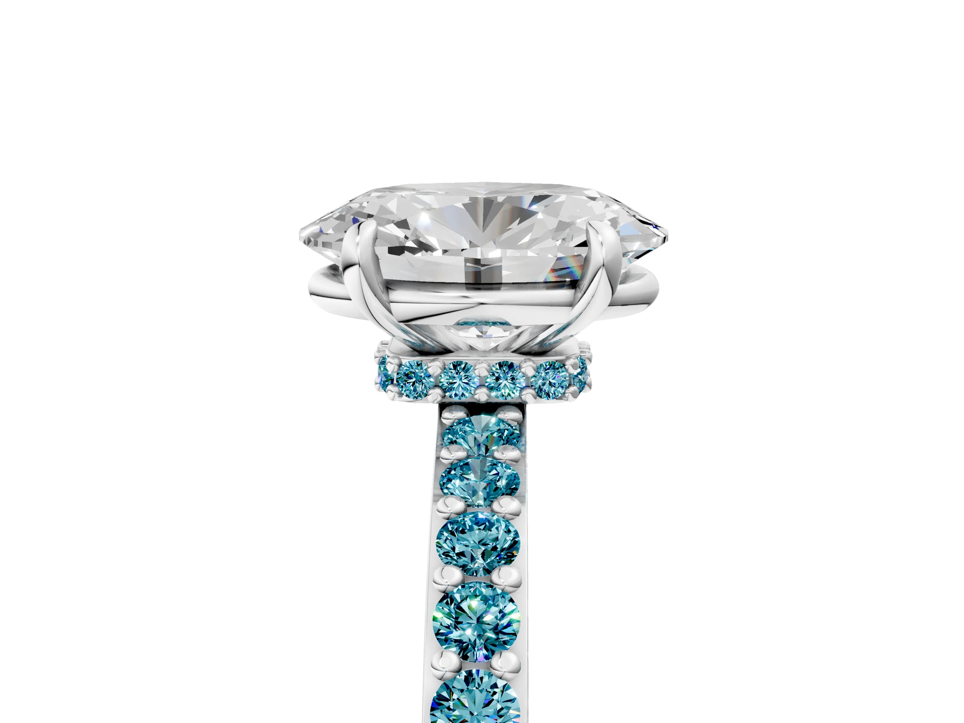 White gold Oval Cut Diamond Pavé Engagement Ring with Round with Blue Topaz side stone Accents and Prong Setting_29
