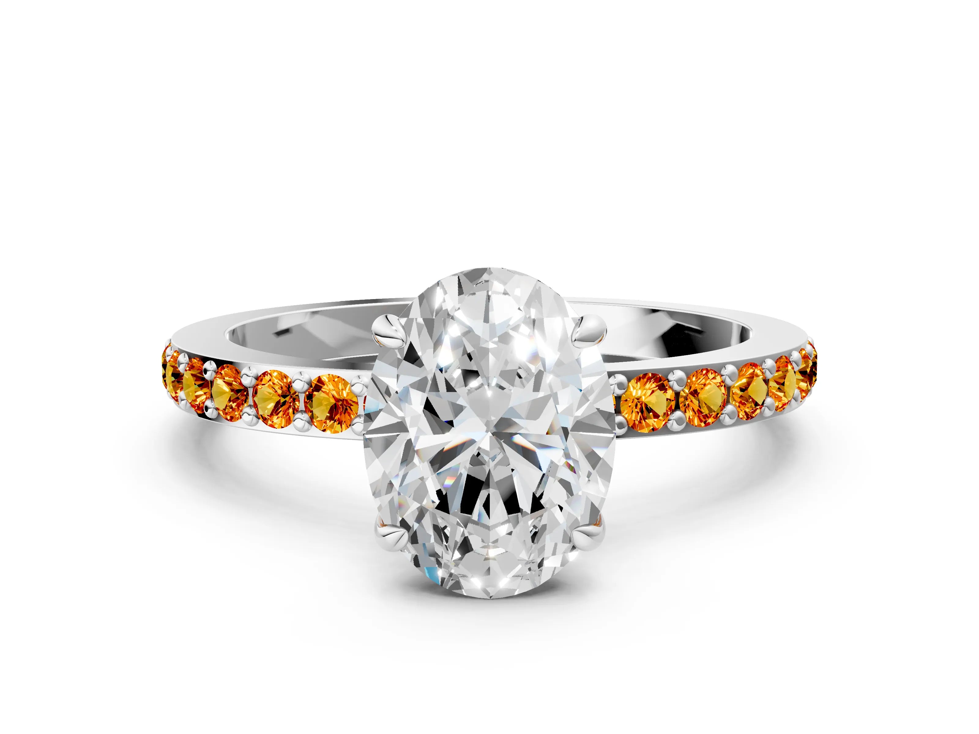 White gold Oval Cut Diamond Pavé Engagement Ring with Round with Citrine side stone Accents and Prong Setting_12