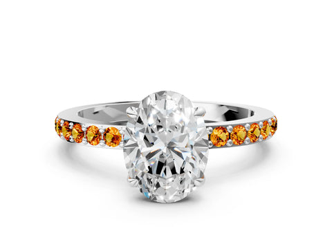 White gold Oval Cut Diamond Pavé Engagement Ring with Round with Citrine side stone Accents and Prong Setting_12