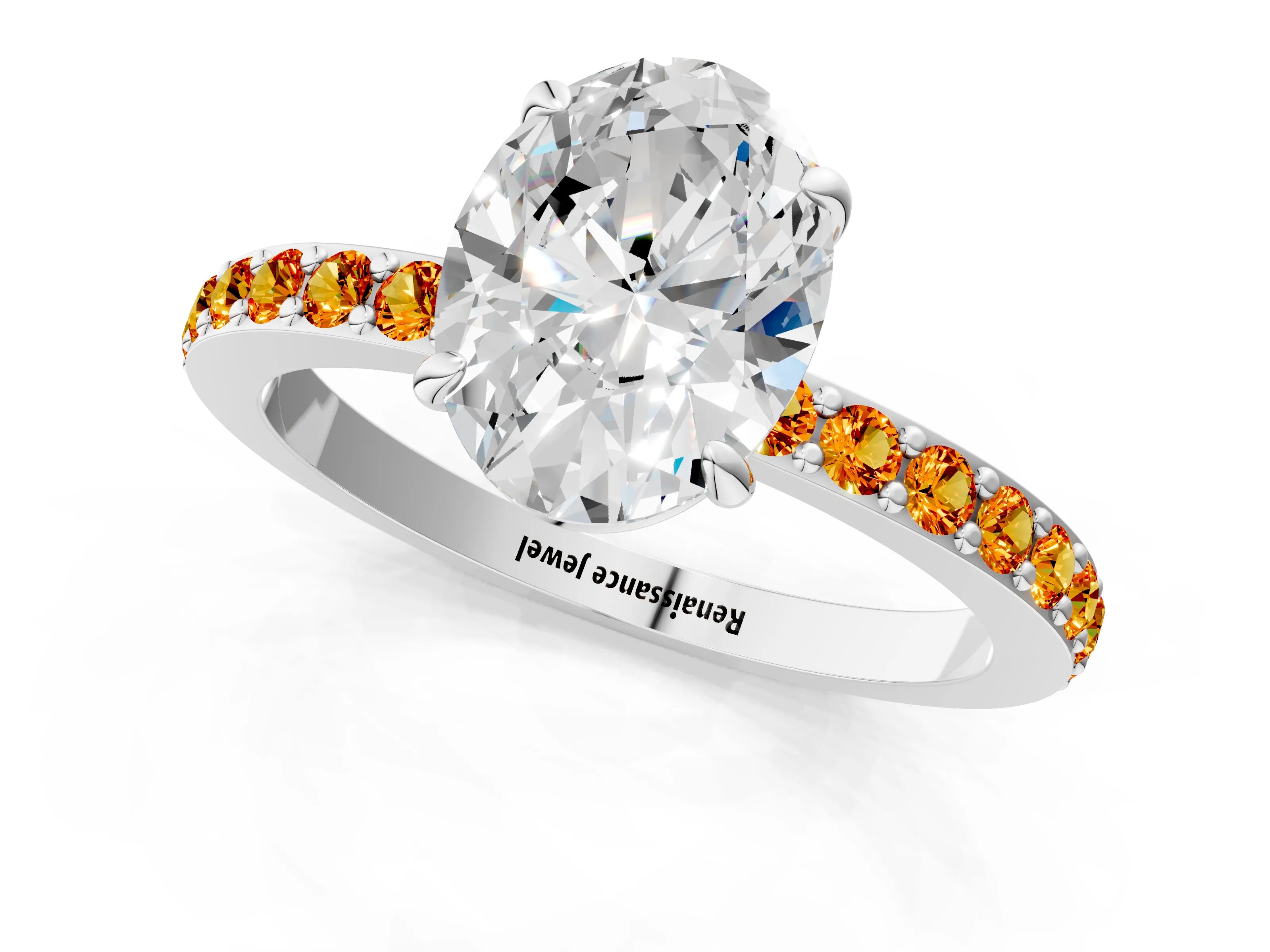 White gold Oval Cut Diamond Pavé Engagement Ring with Round with Citrine side stone Accents and Prong Setting_25
