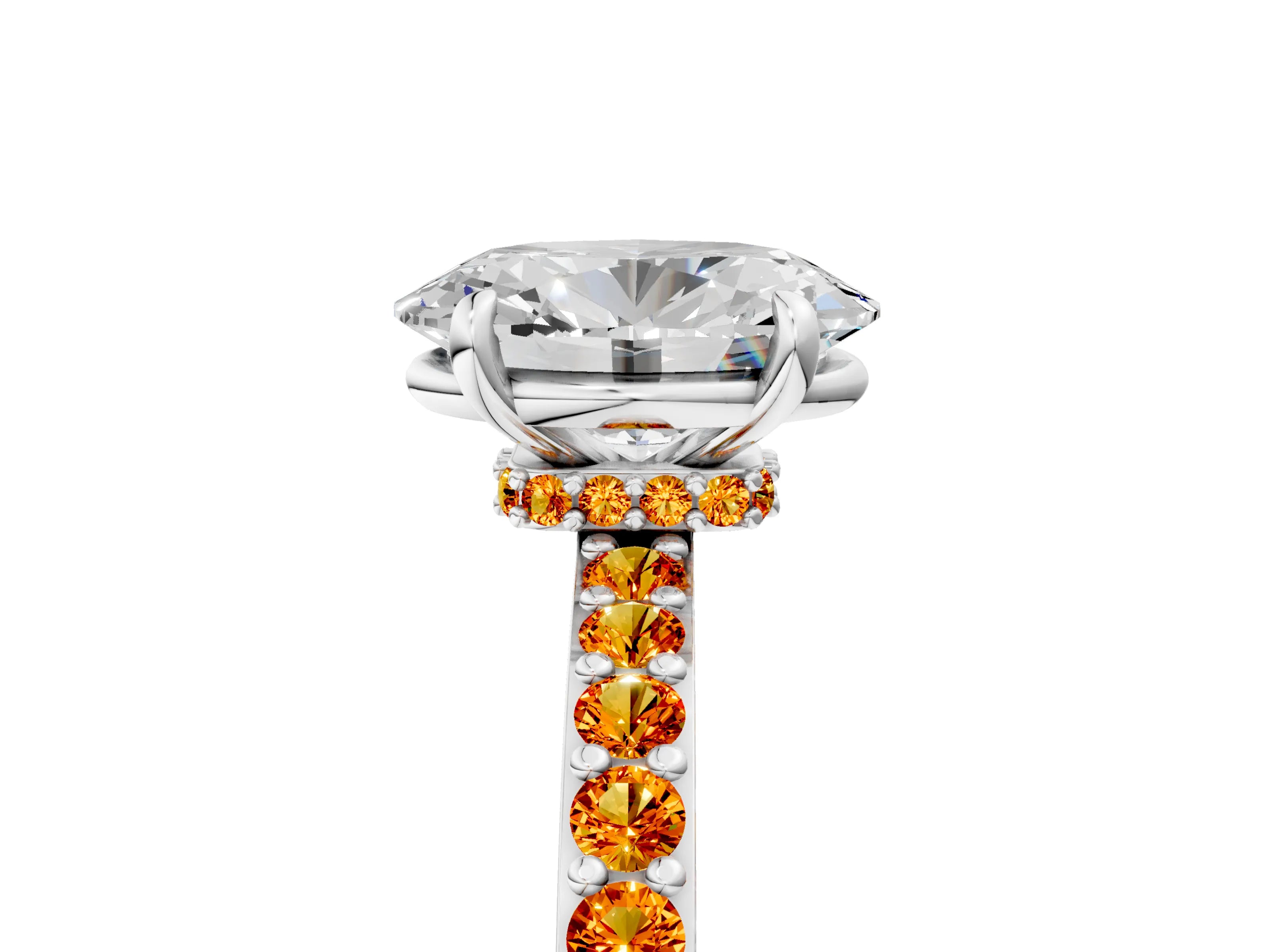 White gold Oval Cut Diamond Pavé Engagement Ring with Round with Citrine side stone Accents and Prong Setting_29