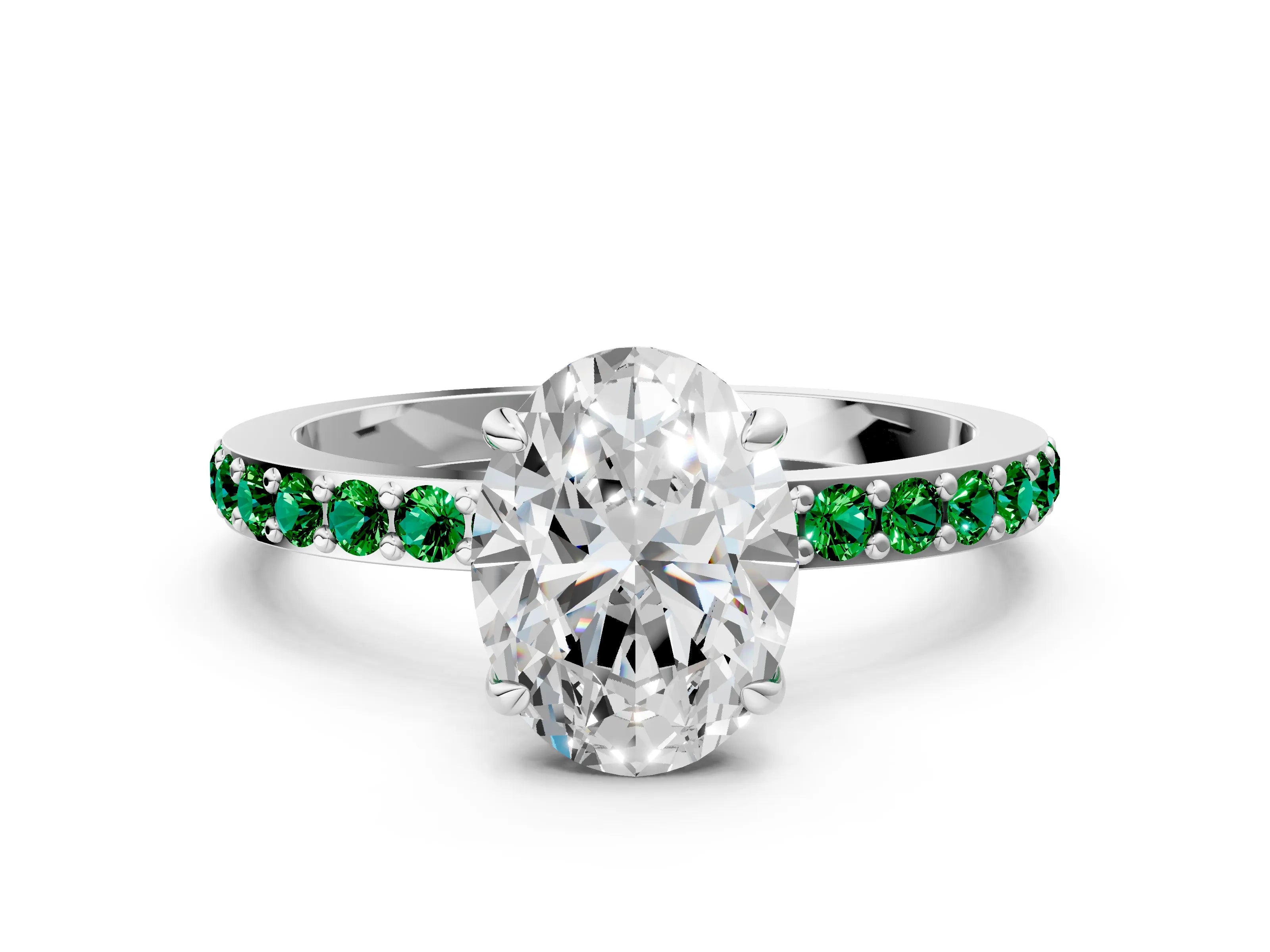 White gold Oval Cut Diamond Pavé Engagement Ring with Round with Emerald side stone Accents and Prong Setting