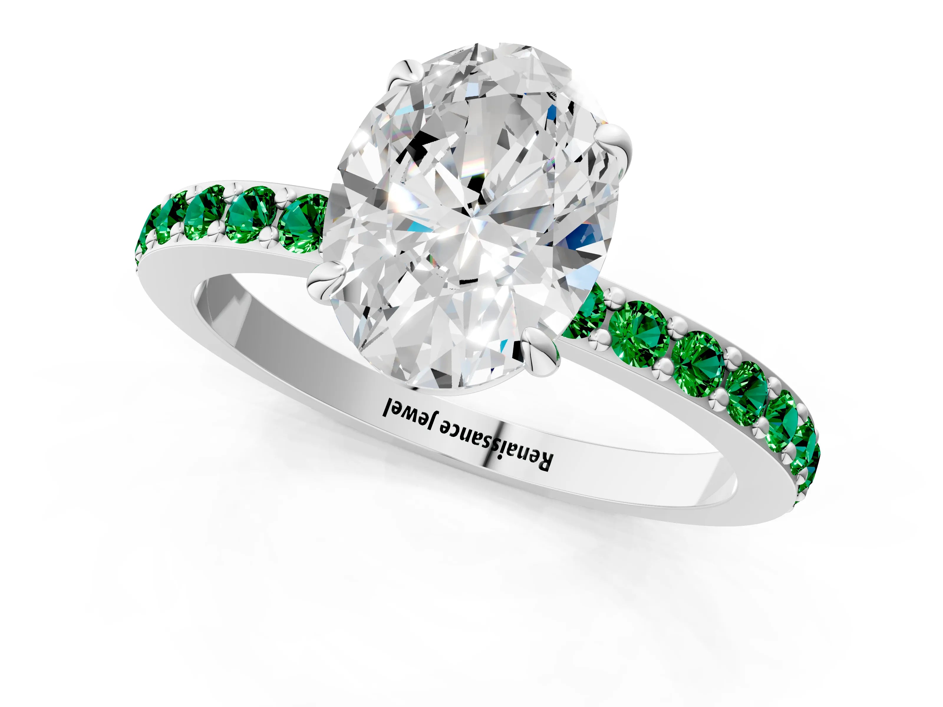 White gold Oval Cut Diamond Pavé Engagement Ring with Round with Emerald side stone Accents and Prong Setting_1