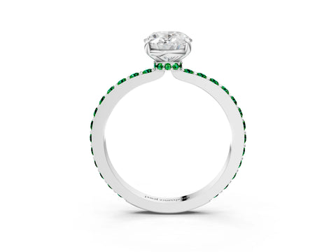 White gold Oval Cut Diamond Pavé Engagement Ring with Round with Emerald side stone Accents and Prong Setting_15