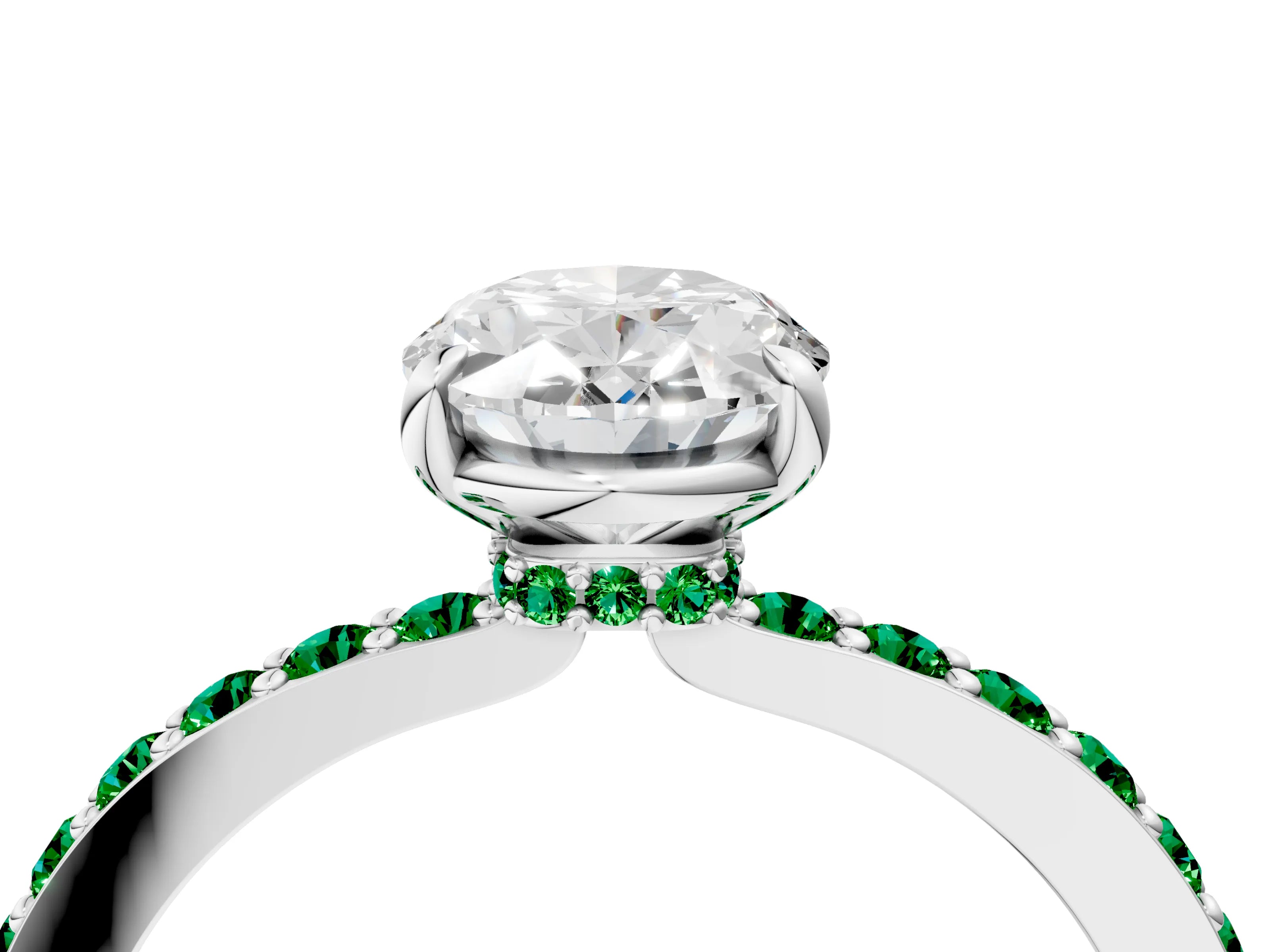 White gold Oval Cut Diamond Pavé Engagement Ring with Round with Emerald side stone Accents and Prong Setting_16