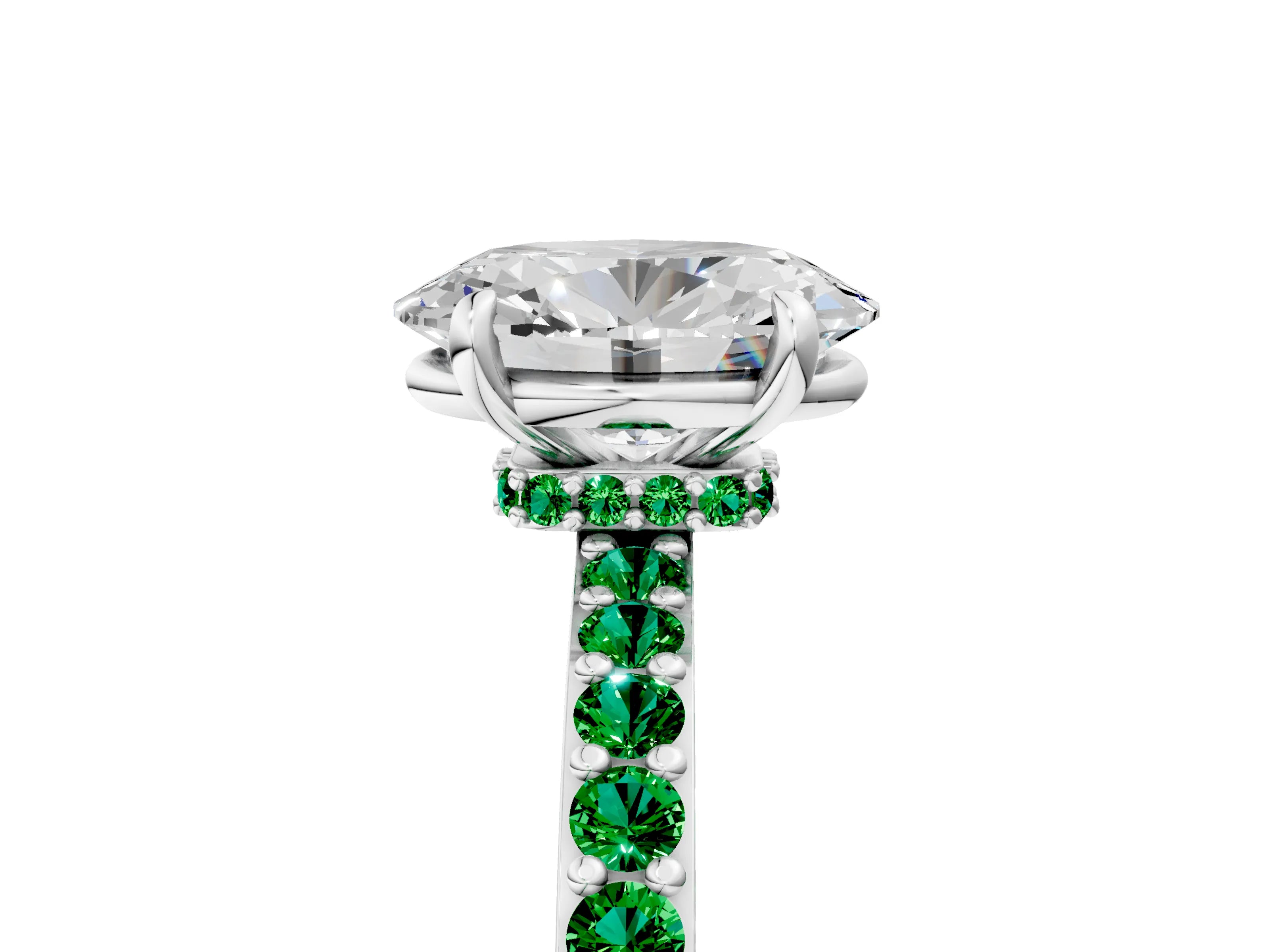 White gold Oval Cut Diamond Pavé Engagement Ring with Round with Emerald side stone Accents and Prong Setting_17