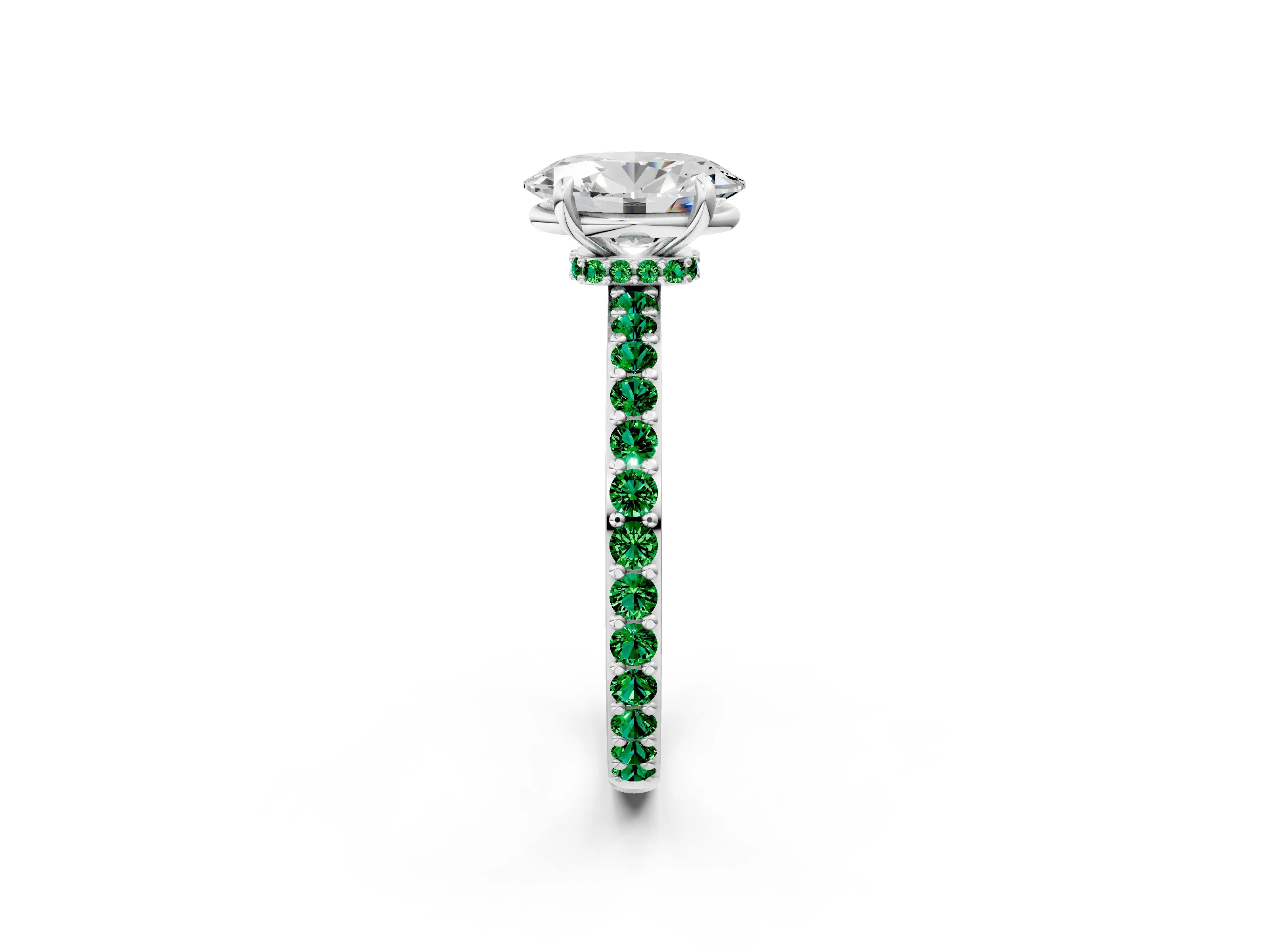 White gold Oval Cut Diamond Pavé Engagement Ring with Round with Emerald side stone Accents and Prong Setting_2