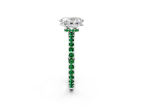 White gold Oval Cut Diamond Pavé Engagement Ring with Round with Emerald side stone Accents and Prong Setting_2