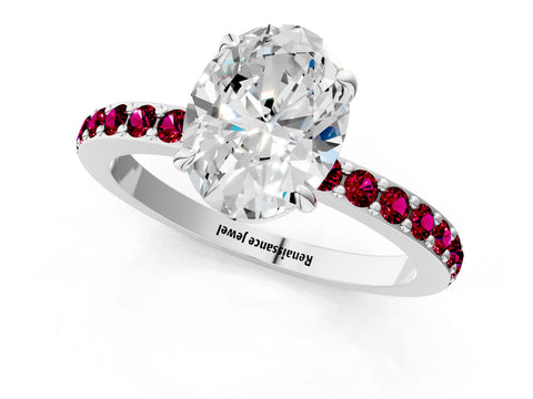 White gold Oval Cut Diamond Pavé Engagement Ring with Round with Garnet side stone Accents and Prong Setting_13