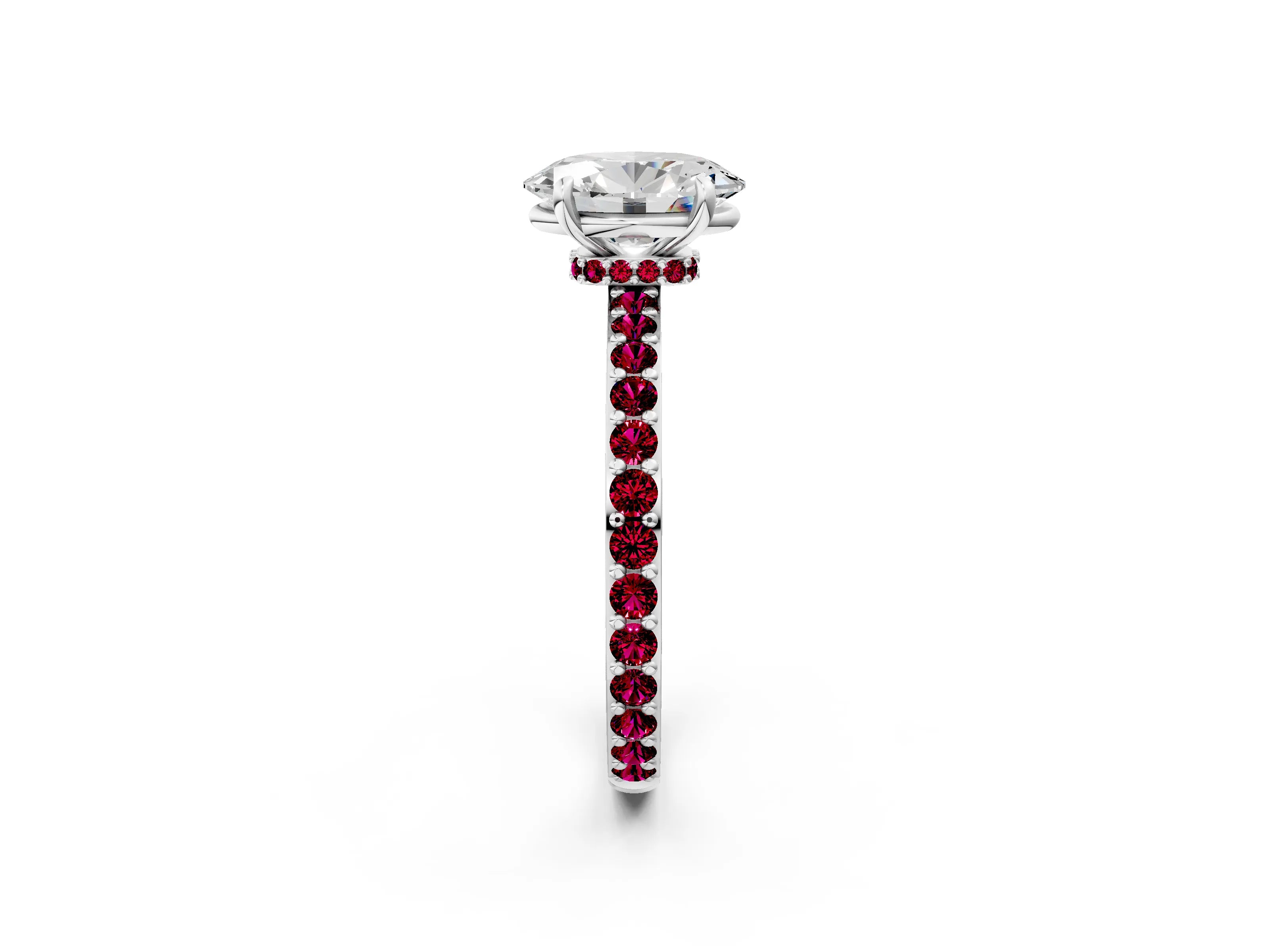 White gold Oval Cut Diamond Pavé Engagement Ring with Round with Garnet side stone Accents and Prong Setting_14