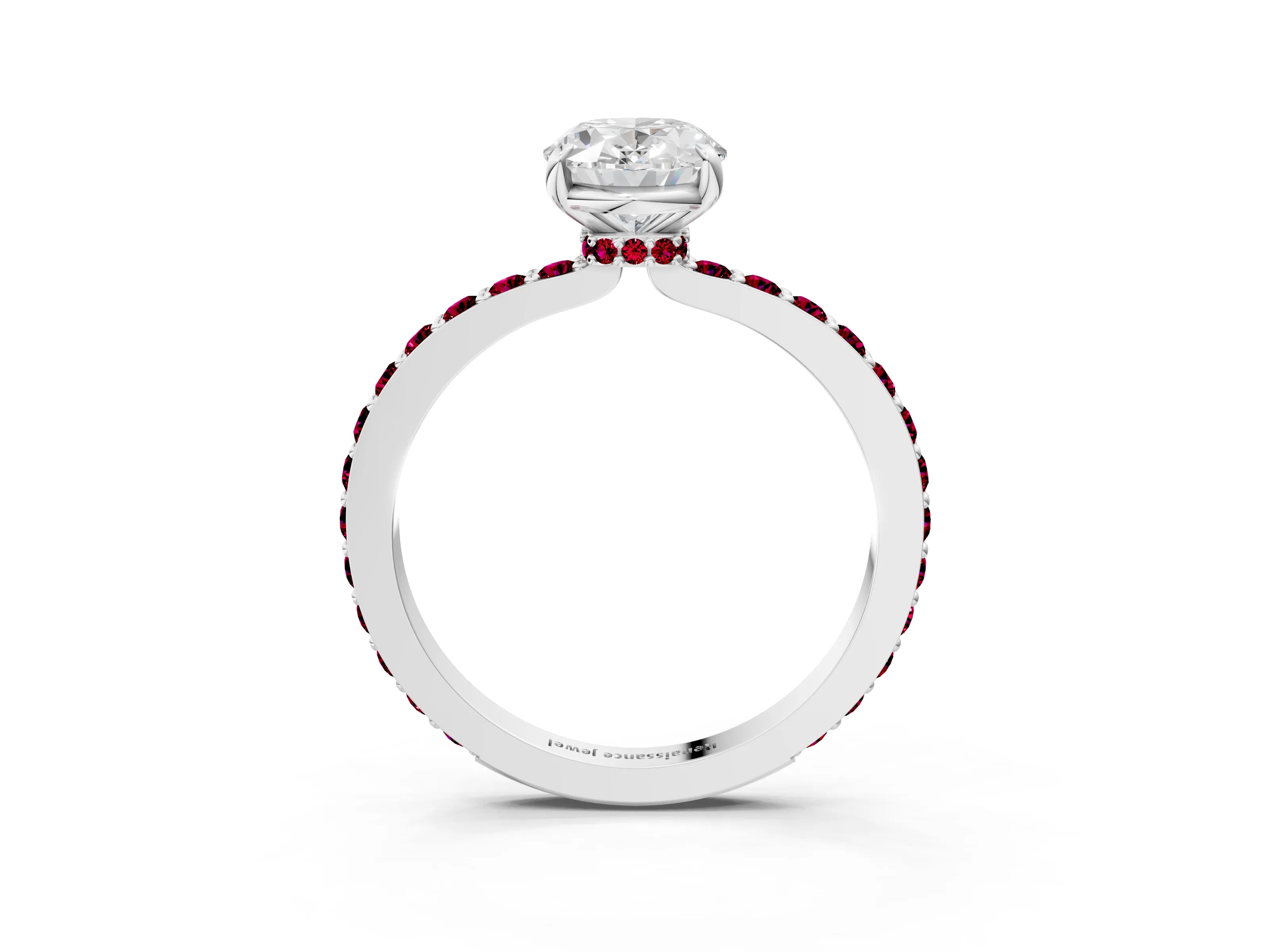 White gold Oval Cut Diamond Pavé Engagement Ring with Round with Garnet side stone Accents and Prong Setting_3