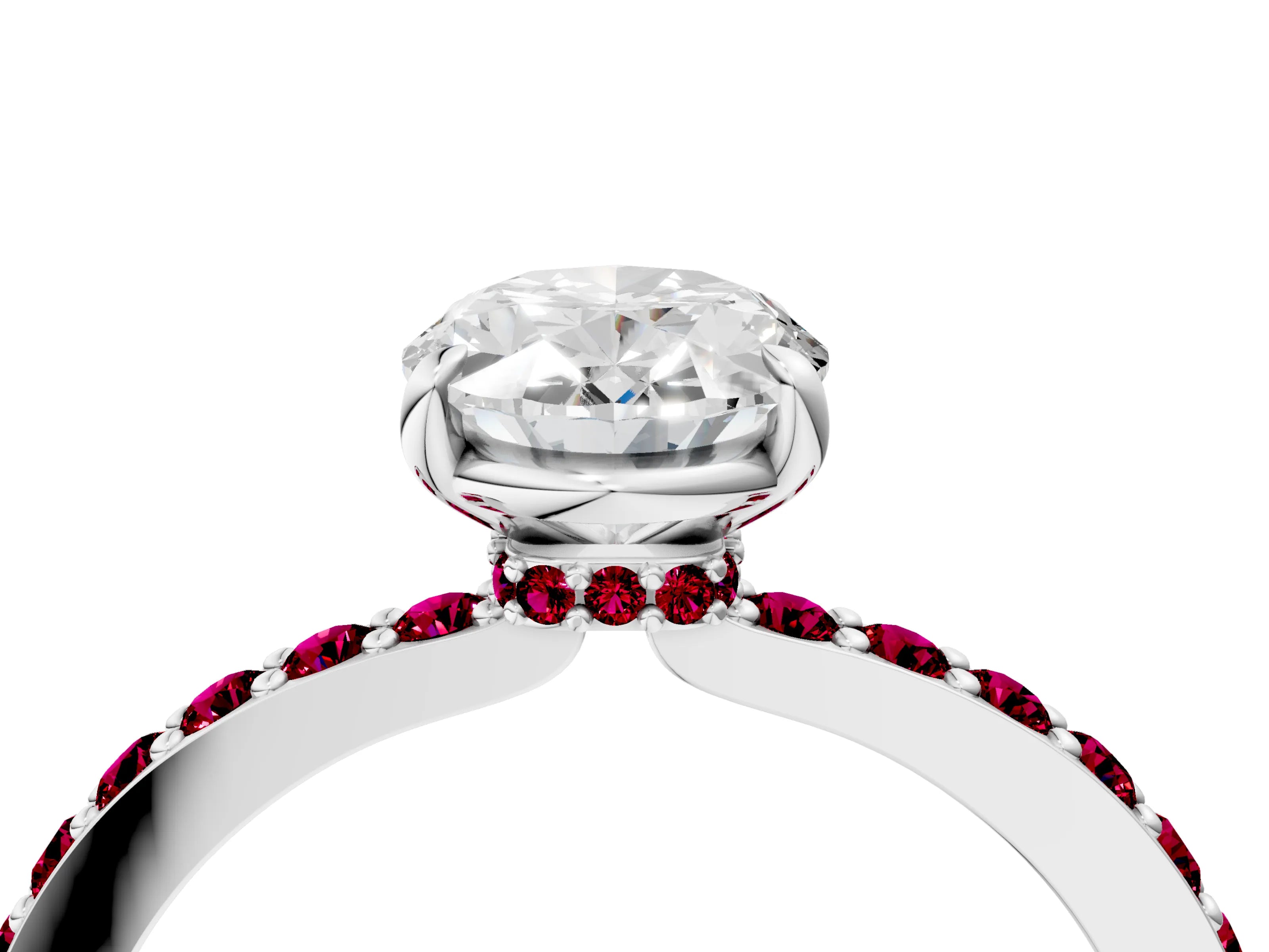 White gold Oval Cut Diamond Pavé Engagement Ring with Round with Garnet side stone Accents and Prong Setting_4