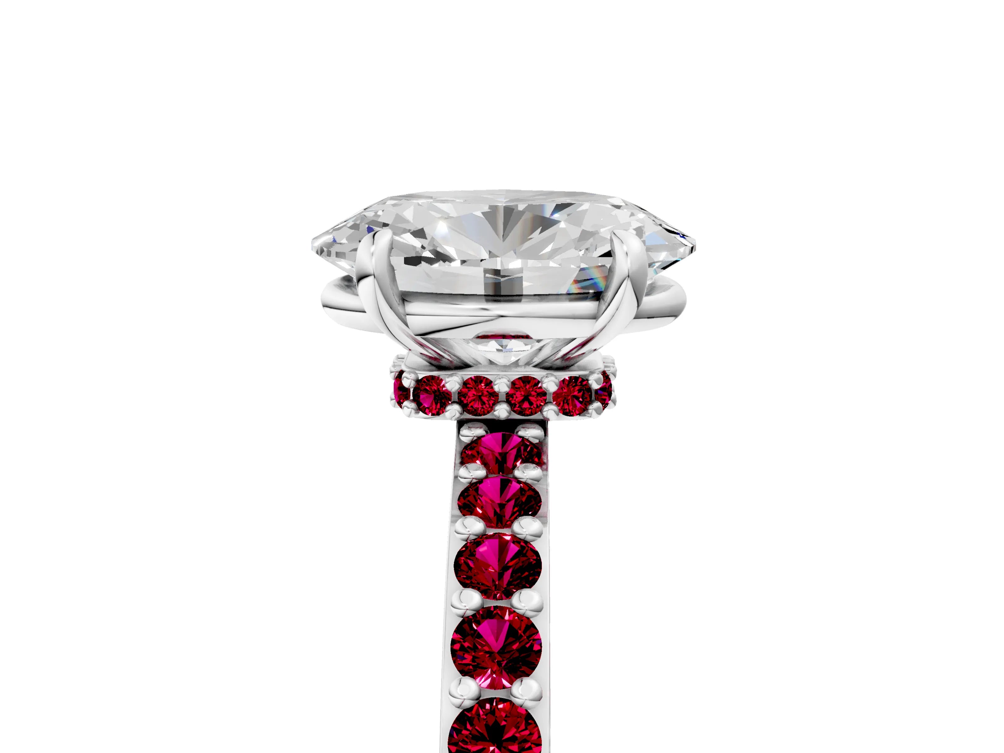 White gold Oval Cut Diamond Pavé Engagement Ring with Round with Garnet side stone Accents and Prong Setting_5