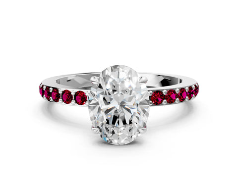 White gold Oval Cut Diamond Pavé Engagement Ring with Round with Garnet side stone Accents and Prong Setting