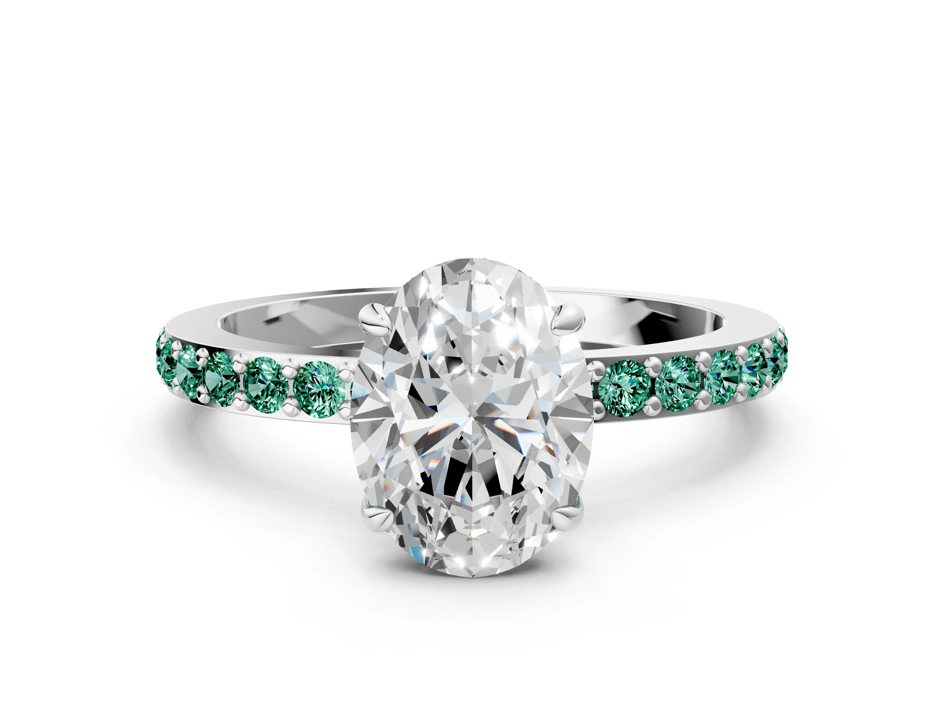 White gold Oval Cut Diamond Pavé Engagement Ring with Round with Green Sapphire side stone Accents and Prong Setting_12