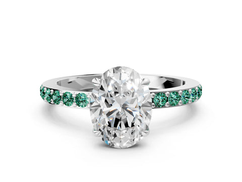 White gold Oval Cut Diamond Pavé Engagement Ring with Round with Green Sapphire side stone Accents and Prong Setting_12