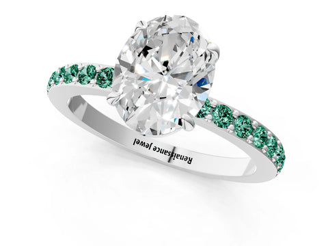 White gold Oval Cut Diamond Pavé Engagement Ring with Round with Green Sapphire side stone Accents and Prong Setting_13