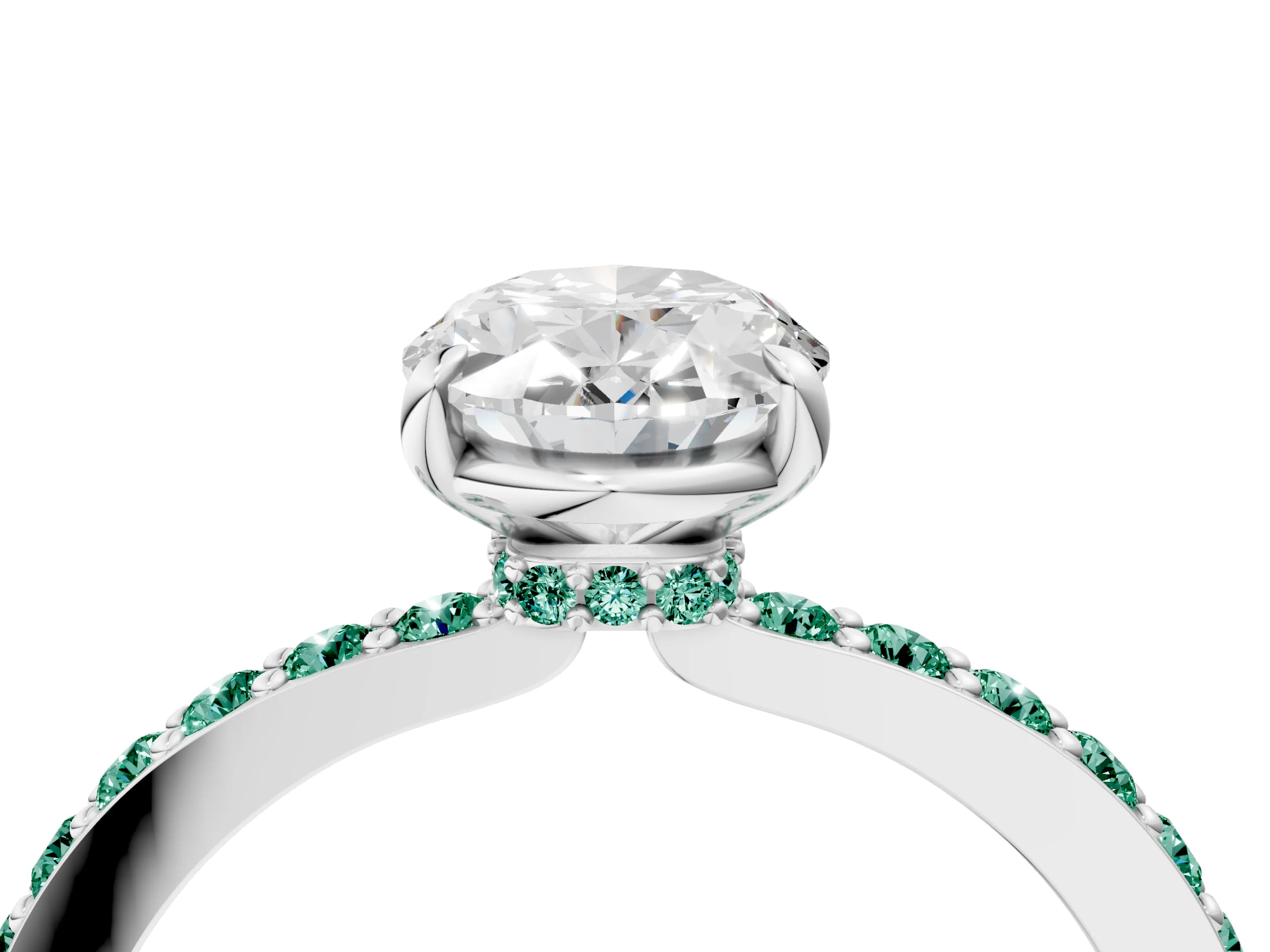 White gold Oval Cut Diamond Pavé Engagement Ring with Round with Green Sapphire side stone Accents and Prong Setting_16