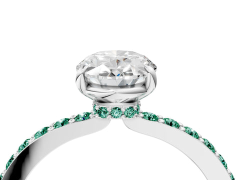 White gold Oval Cut Diamond Pavé Engagement Ring with Round with Green Sapphire side stone Accents and Prong Setting_16