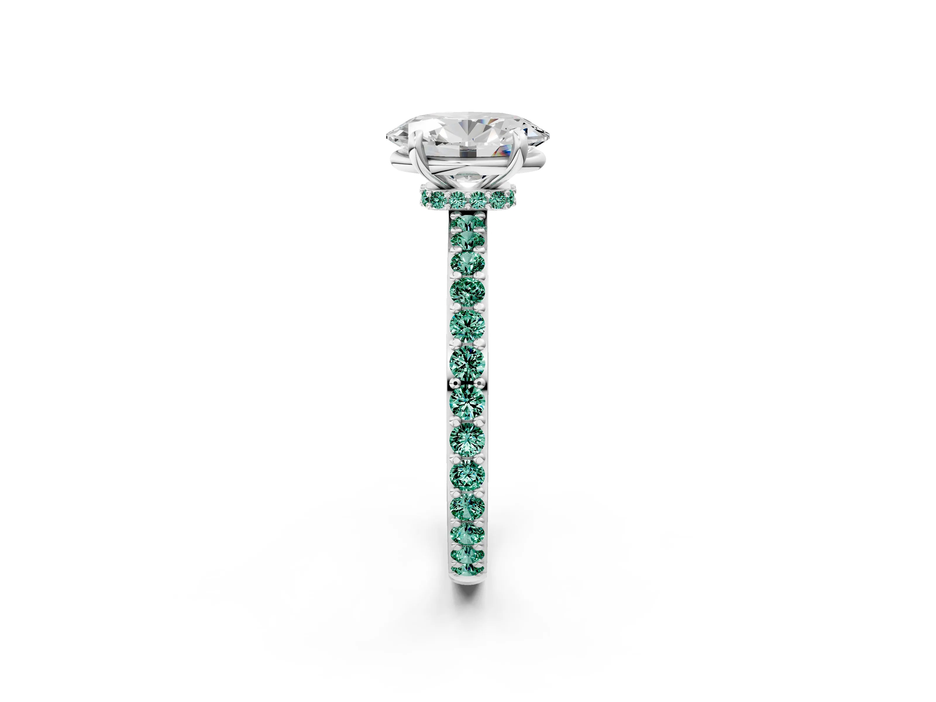 White gold Oval Cut Diamond Pavé Engagement Ring with Round with Green Sapphire side stone Accents and Prong Setting_26
