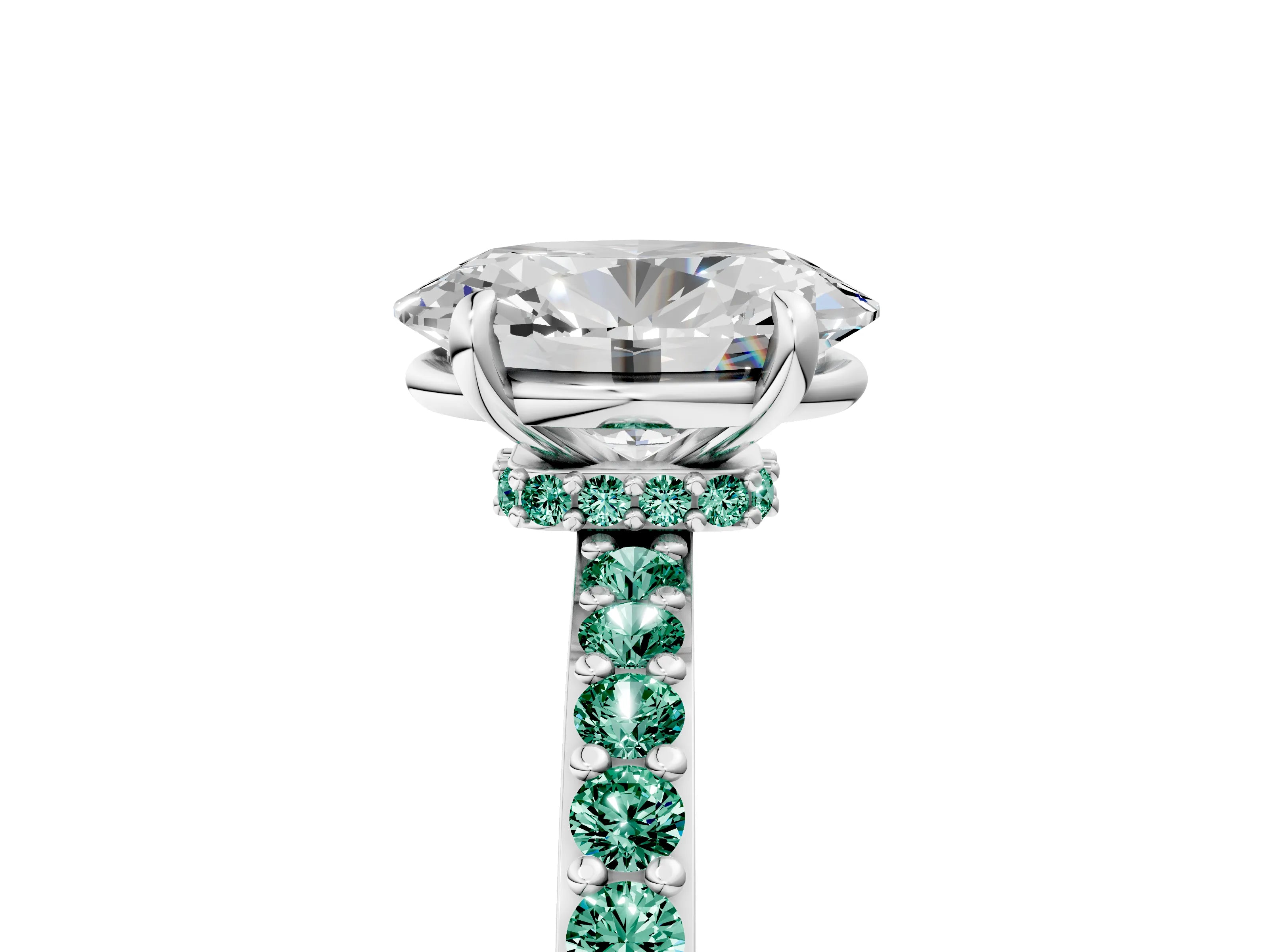 White gold Oval Cut Diamond Pavé Engagement Ring with Round with Green Sapphire side stone Accents and Prong Setting_29
