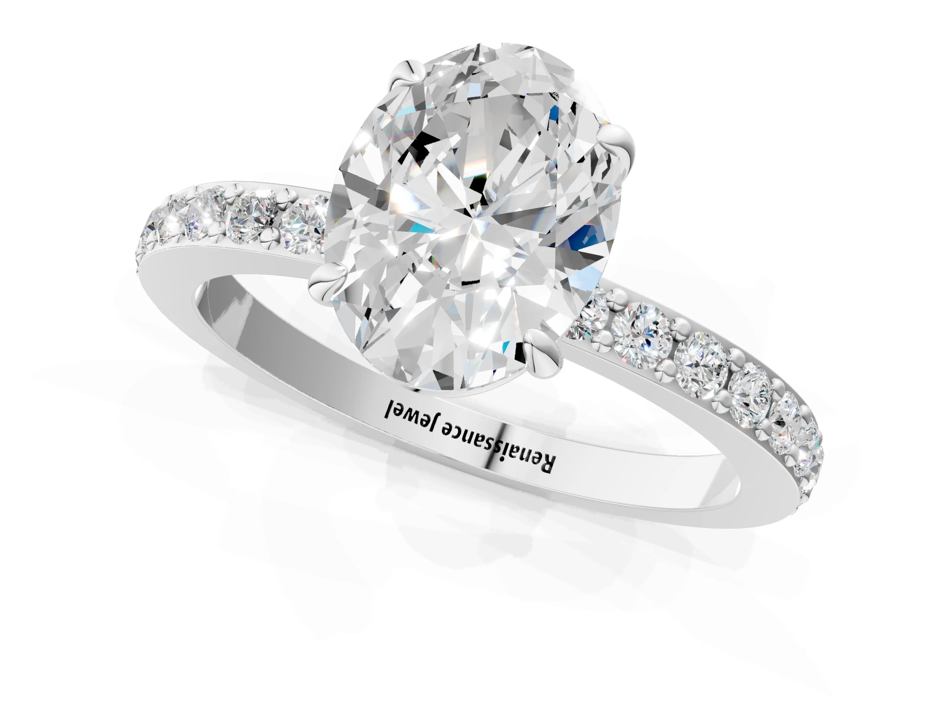 White gold Oval Cut Diamond Pavé Engagement Ring with Round with Moissanite side stone Accents and Prong Setting_22