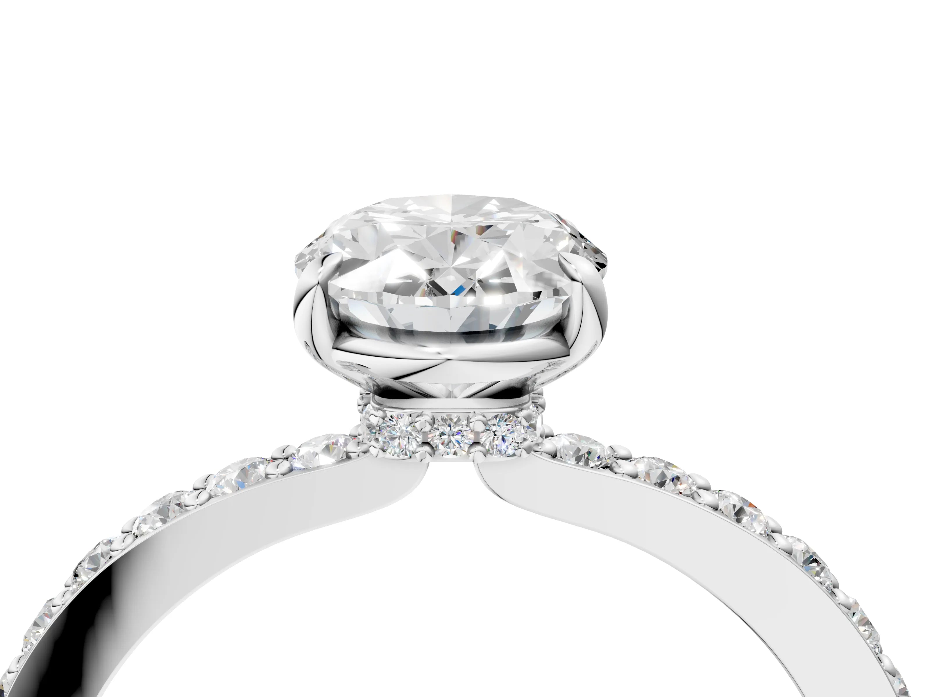 White gold Oval Cut Diamond Pavé Engagement Ring with Round with Moissanite side stone Accents and Prong Setting_25
