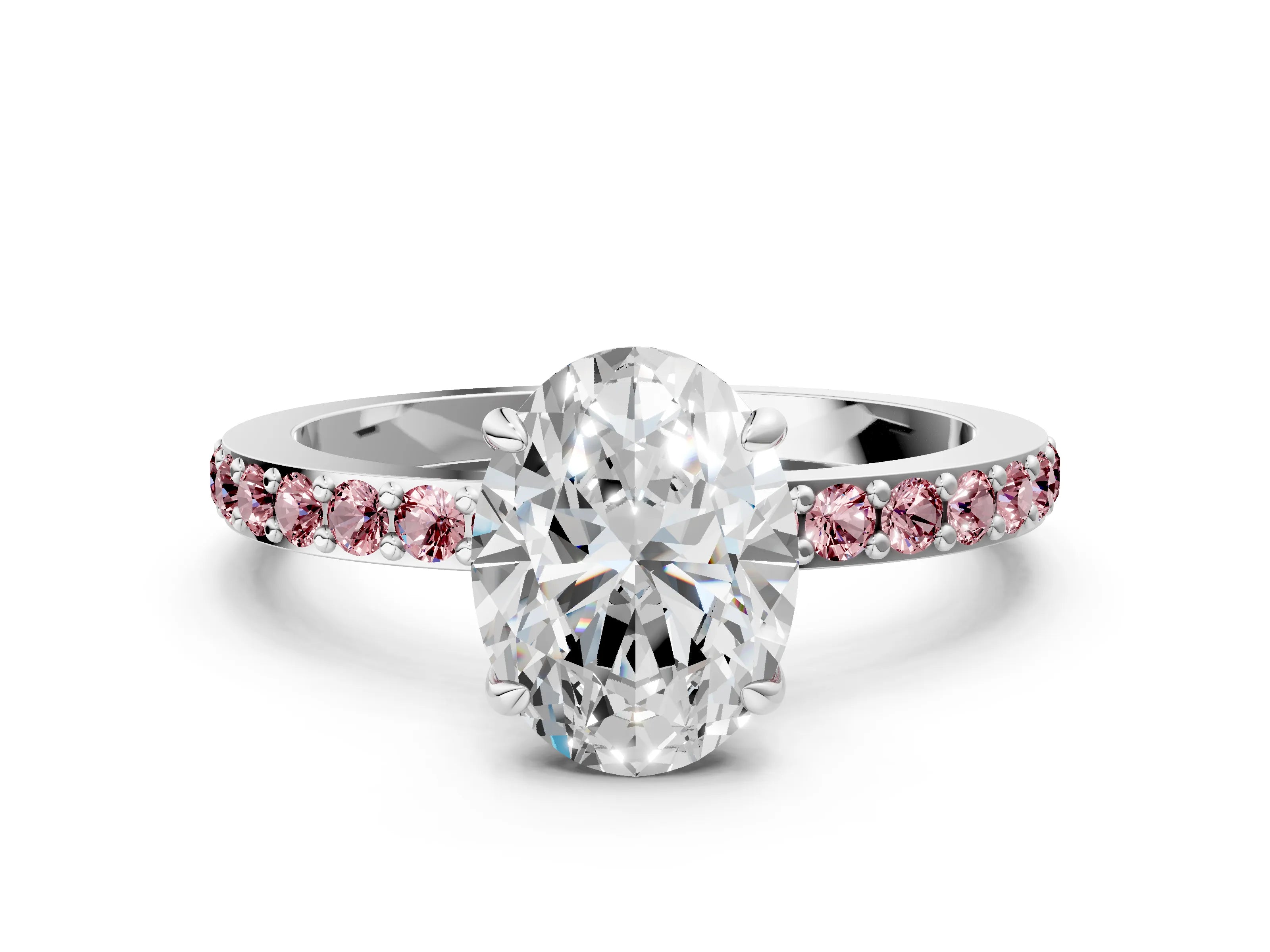 White gold Oval Cut Diamond Pavé Engagement Ring with Round with Morganite side stone Accents and Prong Setting_12