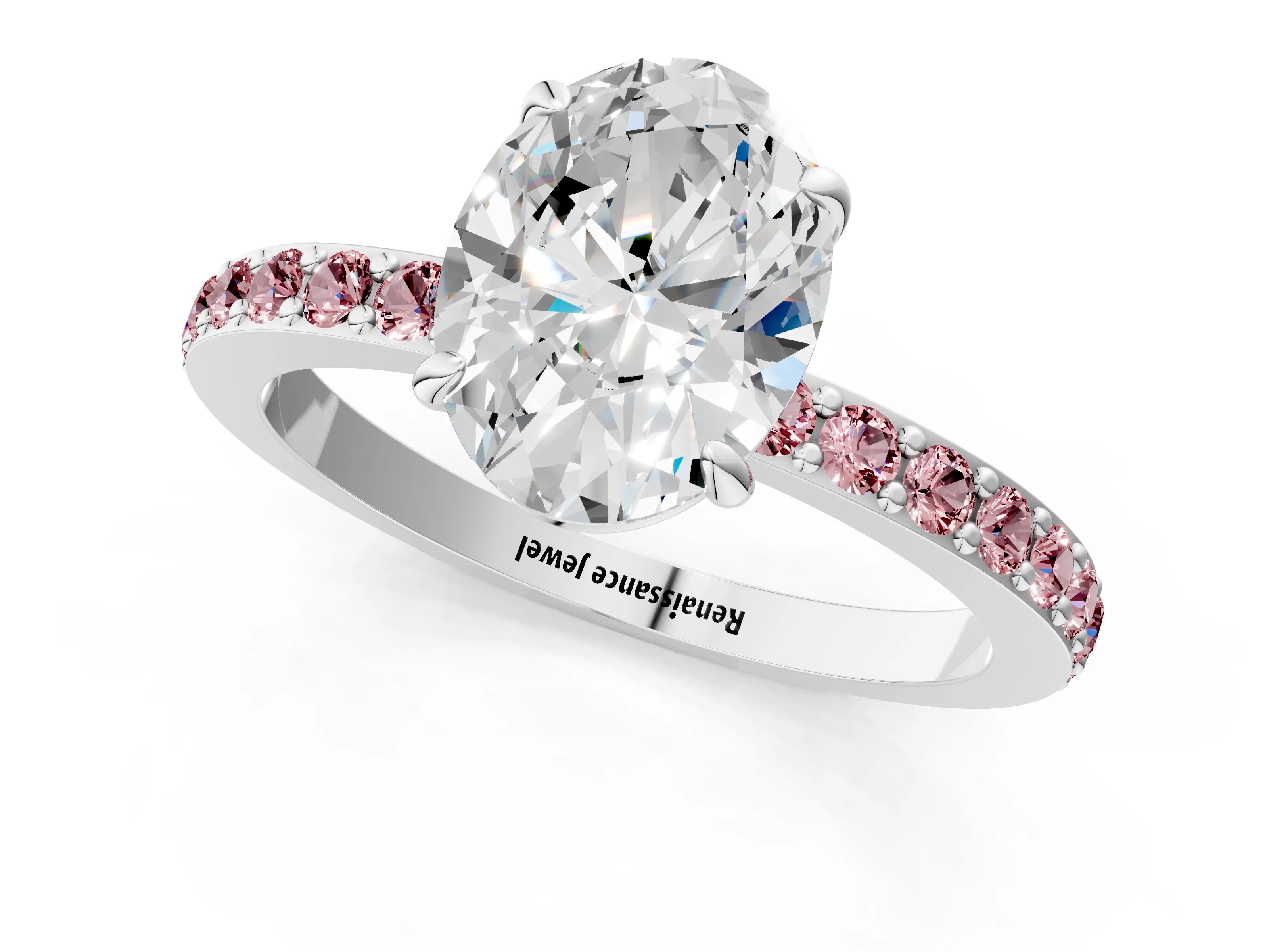 White gold Oval Cut Diamond Pavé Engagement Ring with Round with Morganite side stone Accents and Prong Setting_25