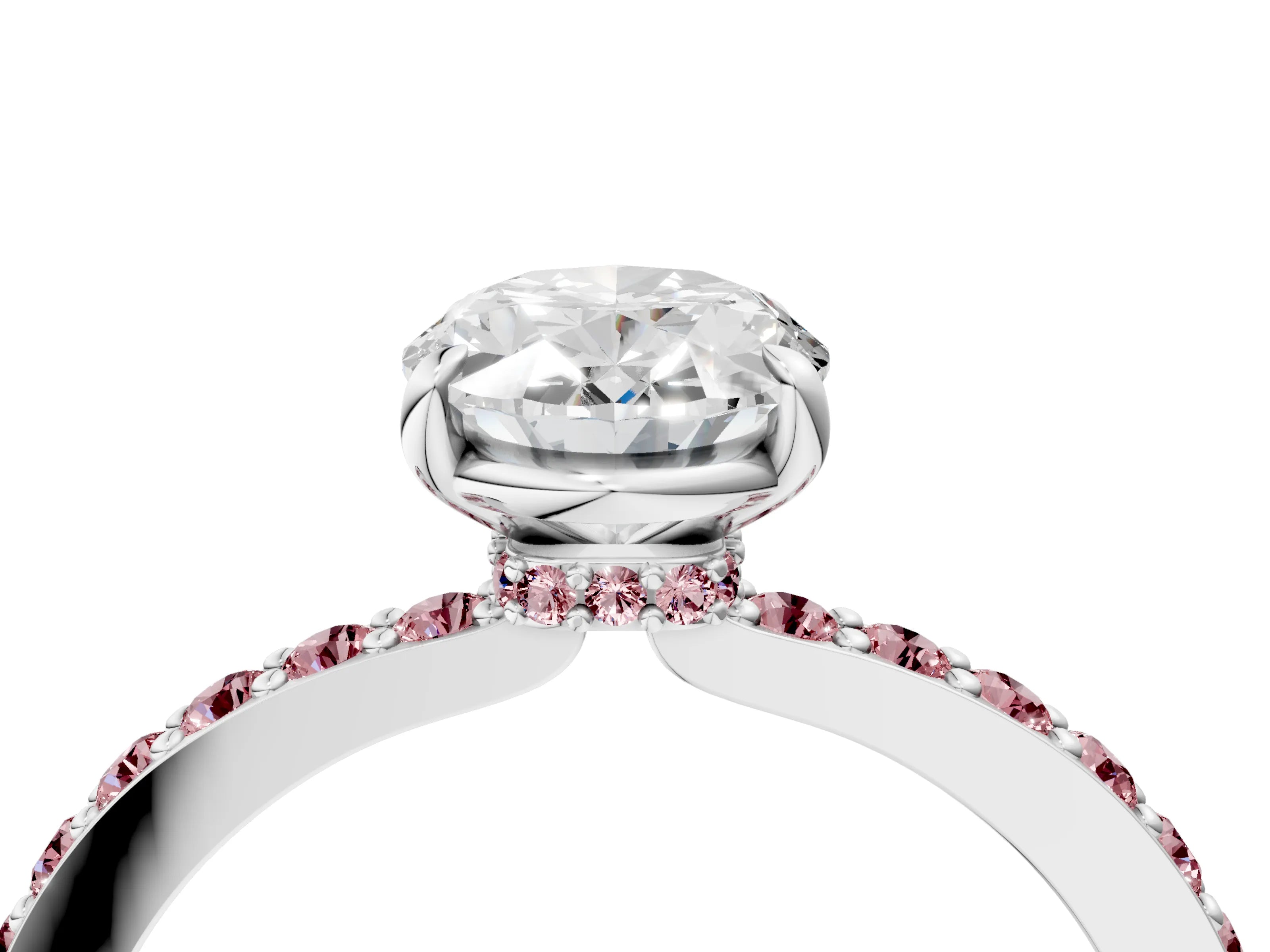 White gold Oval Cut Diamond Pavé Engagement Ring with Round with Morganite side stone Accents and Prong Setting_28