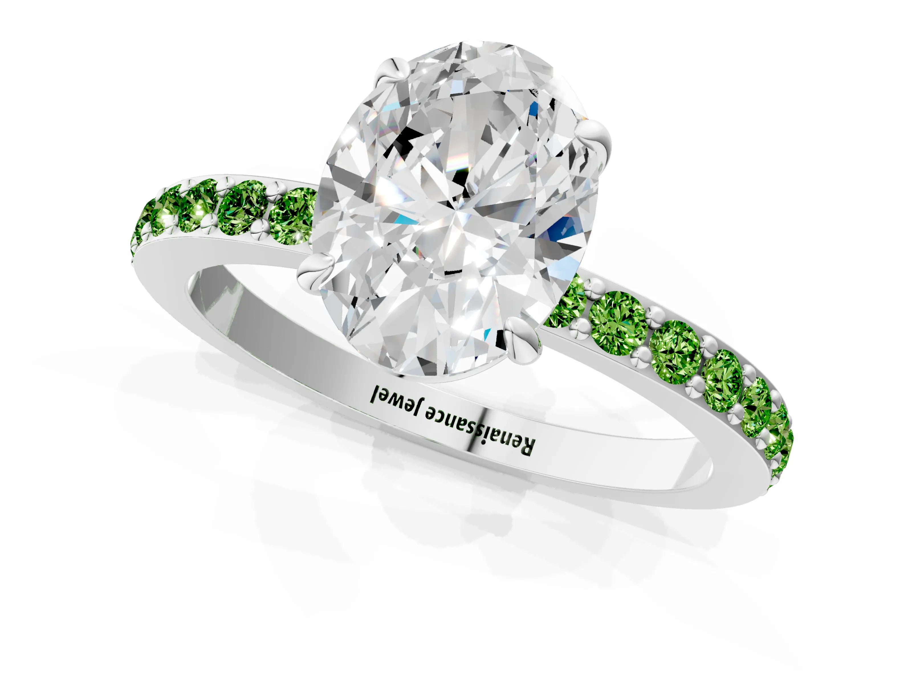 White gold Oval Cut Diamond Pavé Engagement Ring with Round with Peridot side stone Accents and Prong Setting_13