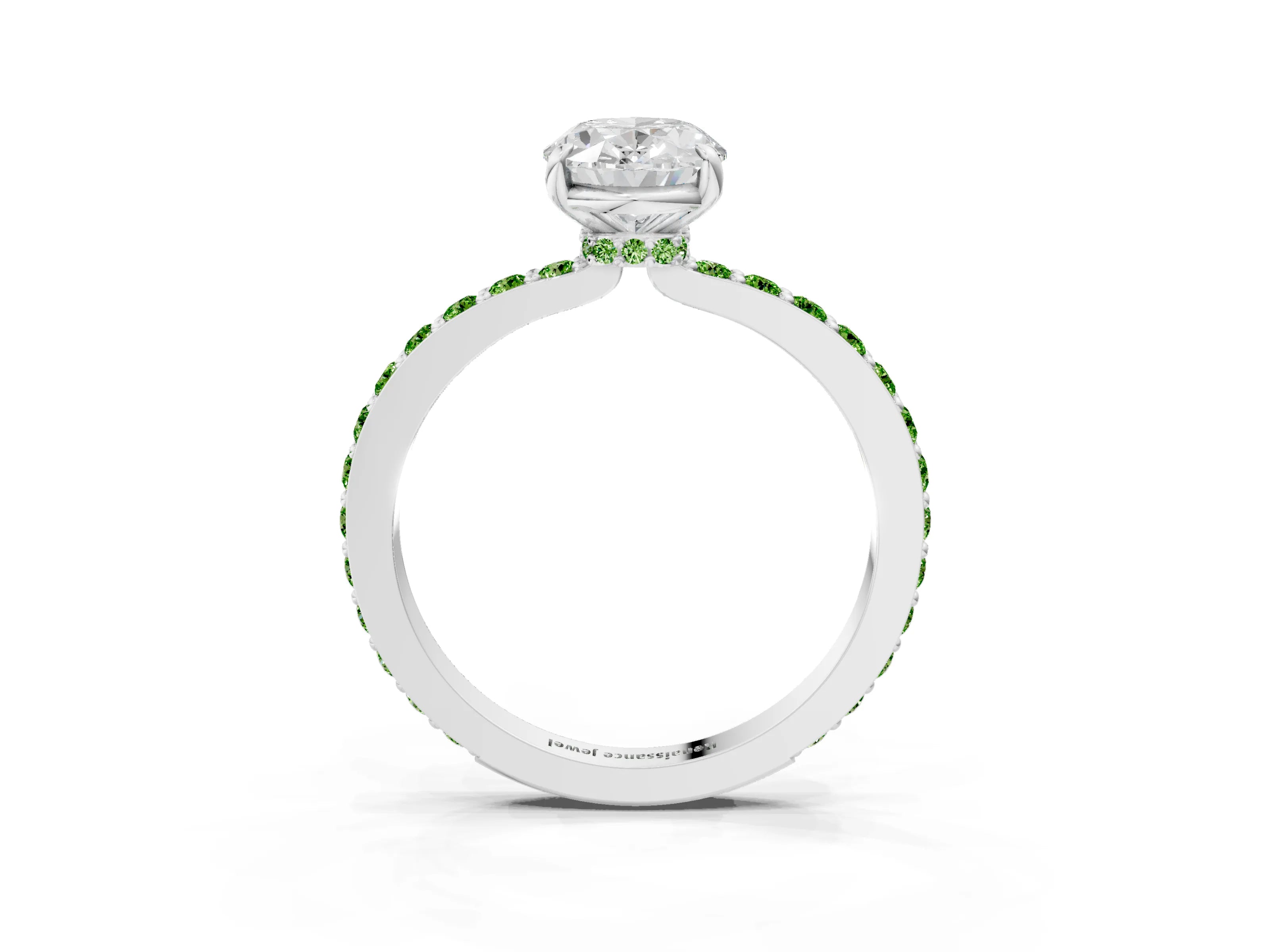 White gold Oval Cut Diamond Pavé Engagement Ring with Round with Peridot side stone Accents and Prong Setting_15