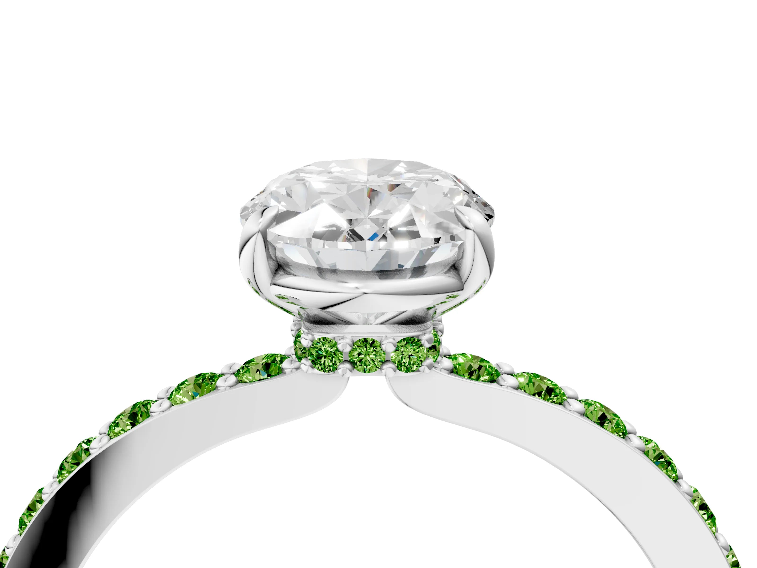 White gold Oval Cut Diamond Pavé Engagement Ring with Round with Peridot side stone Accents and Prong Setting_16