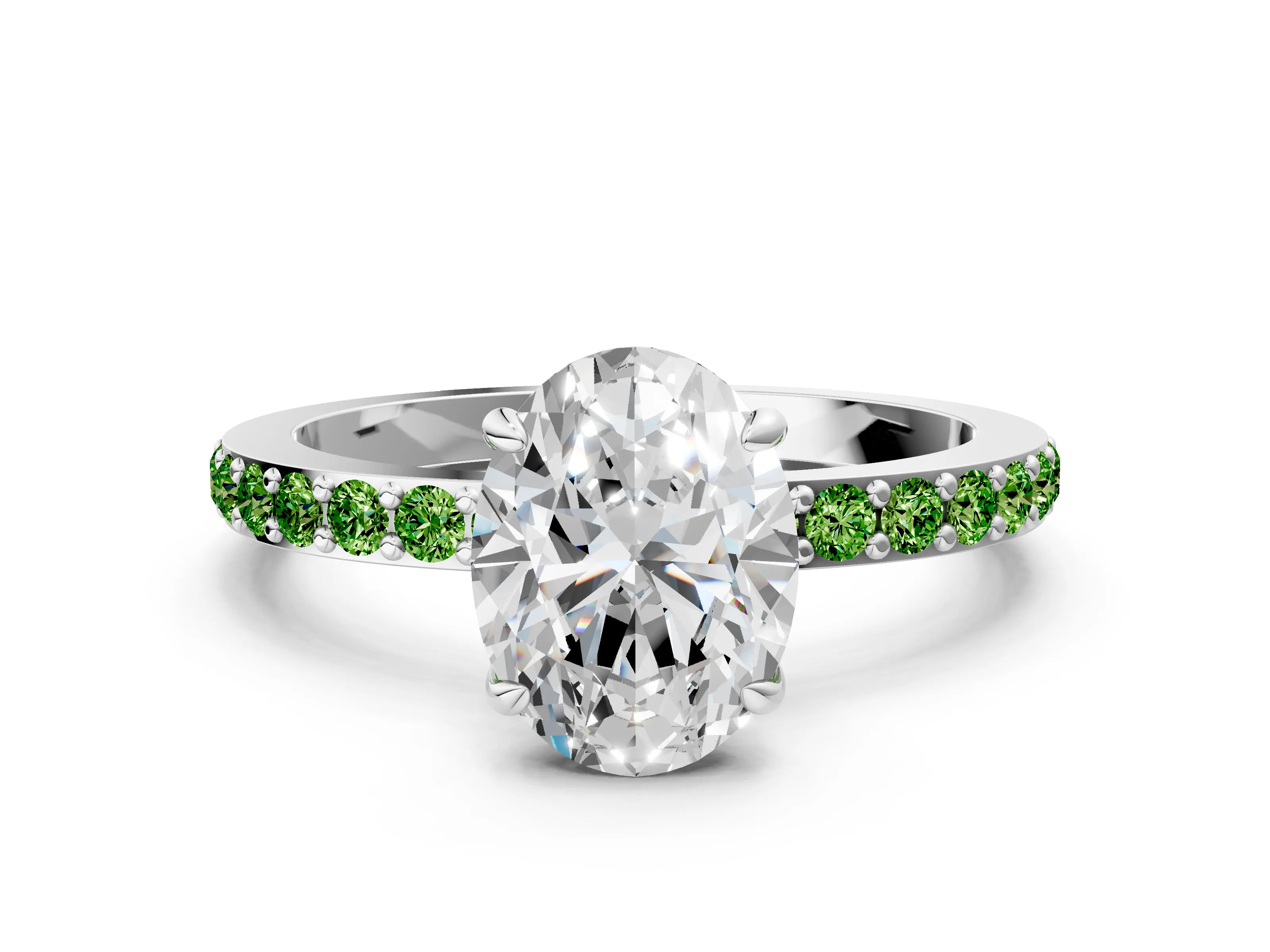 White gold Oval Cut Diamond Pavé Engagement Ring with Round with Peridot side stone Accents and Prong Setting_24