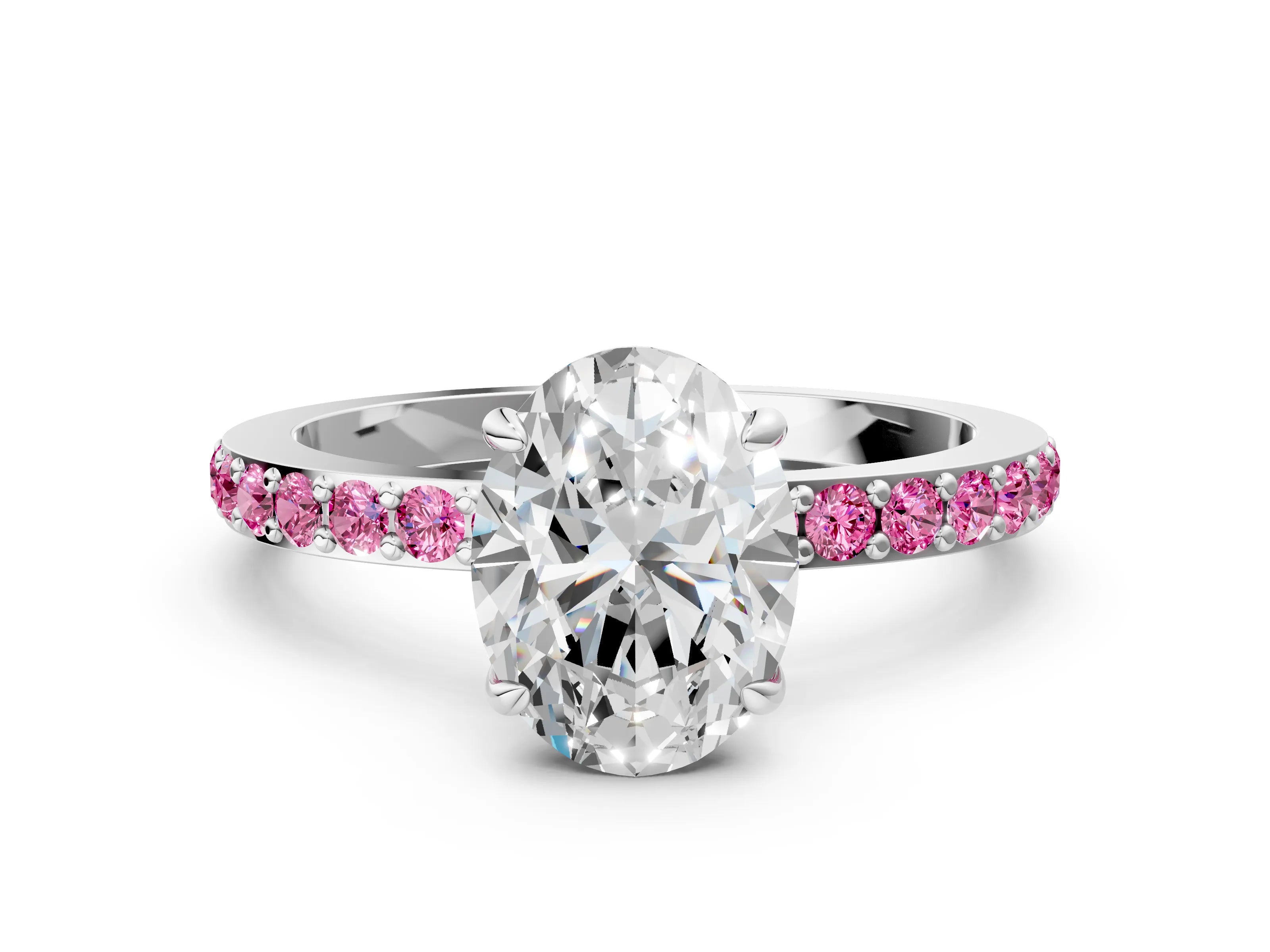 White gold Oval Cut Diamond Pavé Engagement Ring with Round with Pink Sapphire side stone Accents and Prong Setting_12