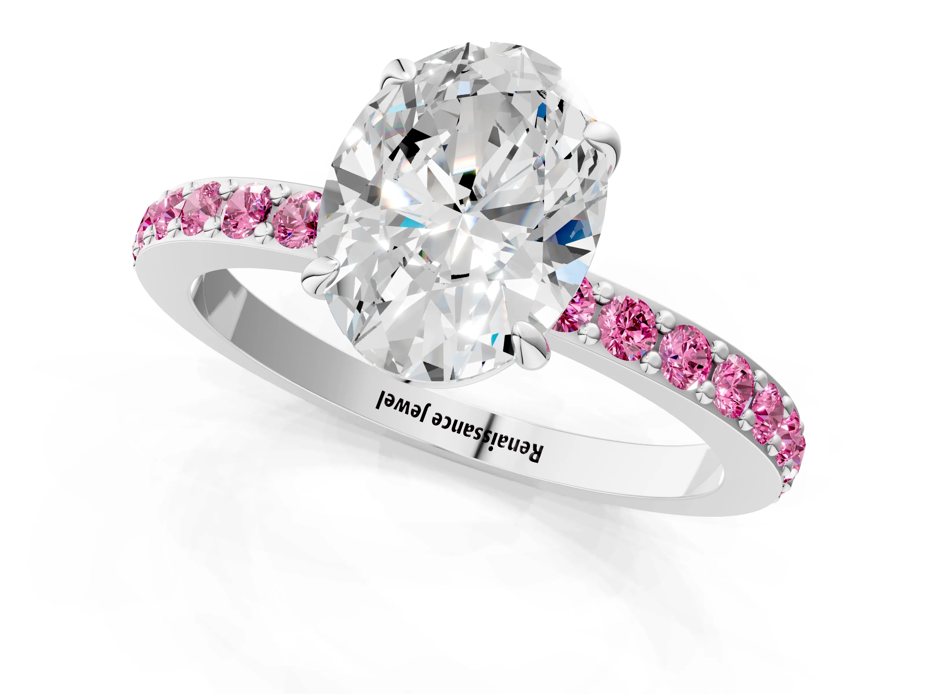 White gold Oval Cut Diamond Pavé Engagement Ring with Round with Pink Sapphire side stone Accents and Prong Setting_13